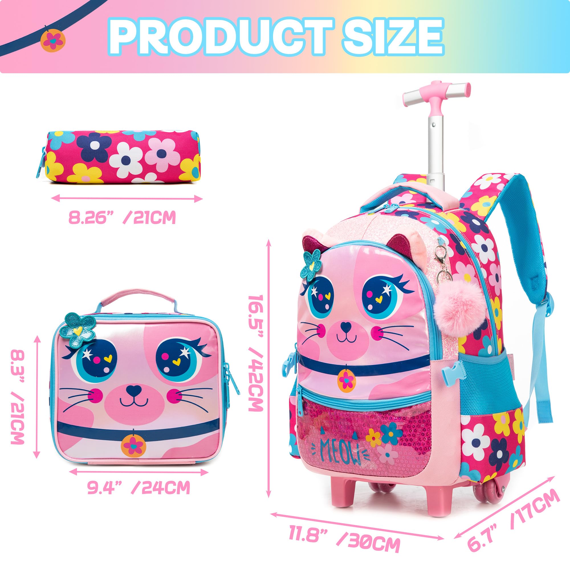 Meetbelify Rolling Backpack for Girls - 3-in-1 Wheeled School Backpack with Lunch Box & Pencil Case, Travel Carry-On Suitcase for Elementary & Preschool Students (Ages 8-10) - Perfect for School, Travel & Daily Commute