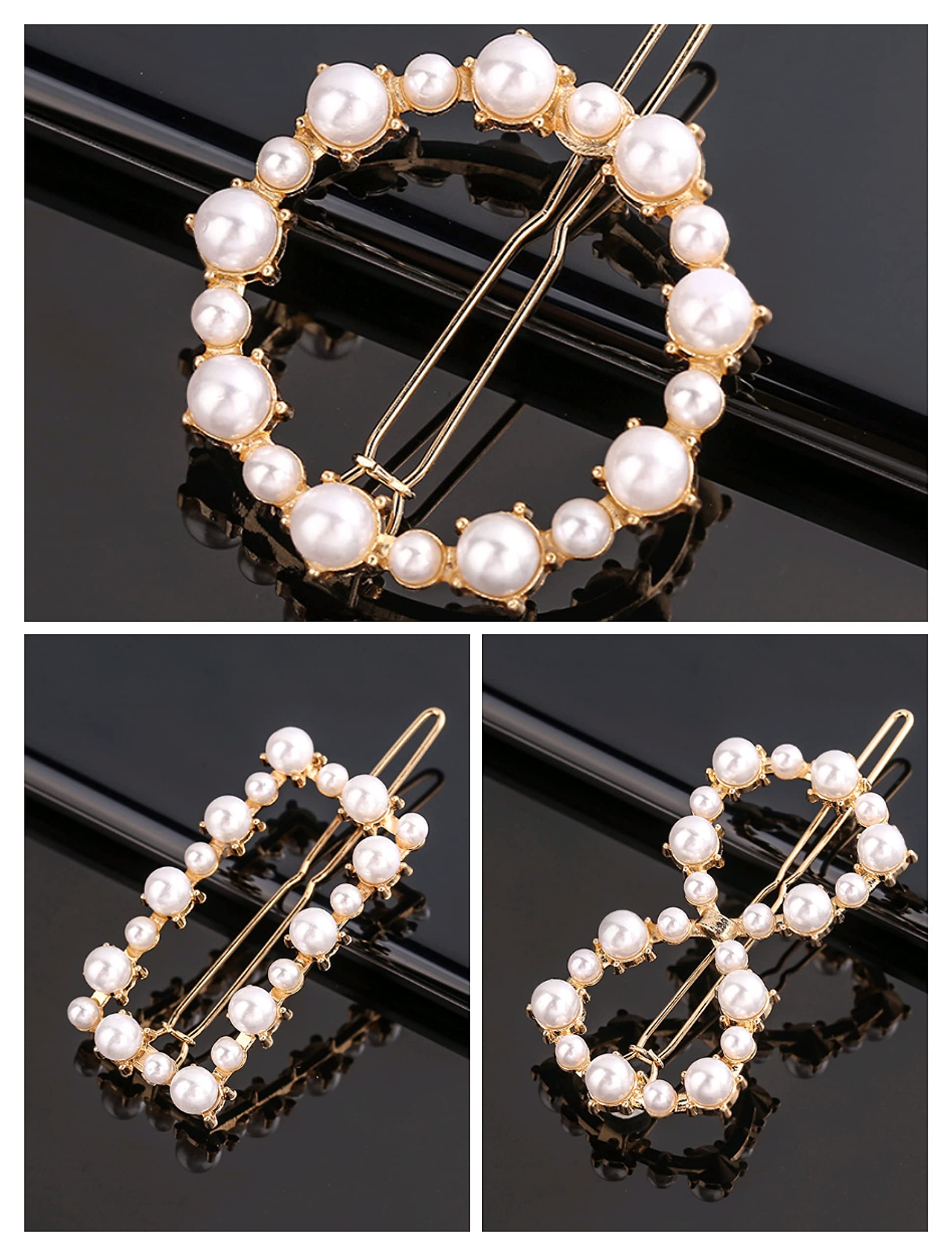HOMEMATES 3 Pcs Pearl Hair Clips for Women - Rhinestone Crystal Letter Hair Pins, Golden Hair Clips for Girls & Women, Elegant Hair Accessories for Parties, Weddings & Daily Wear (Random Style)