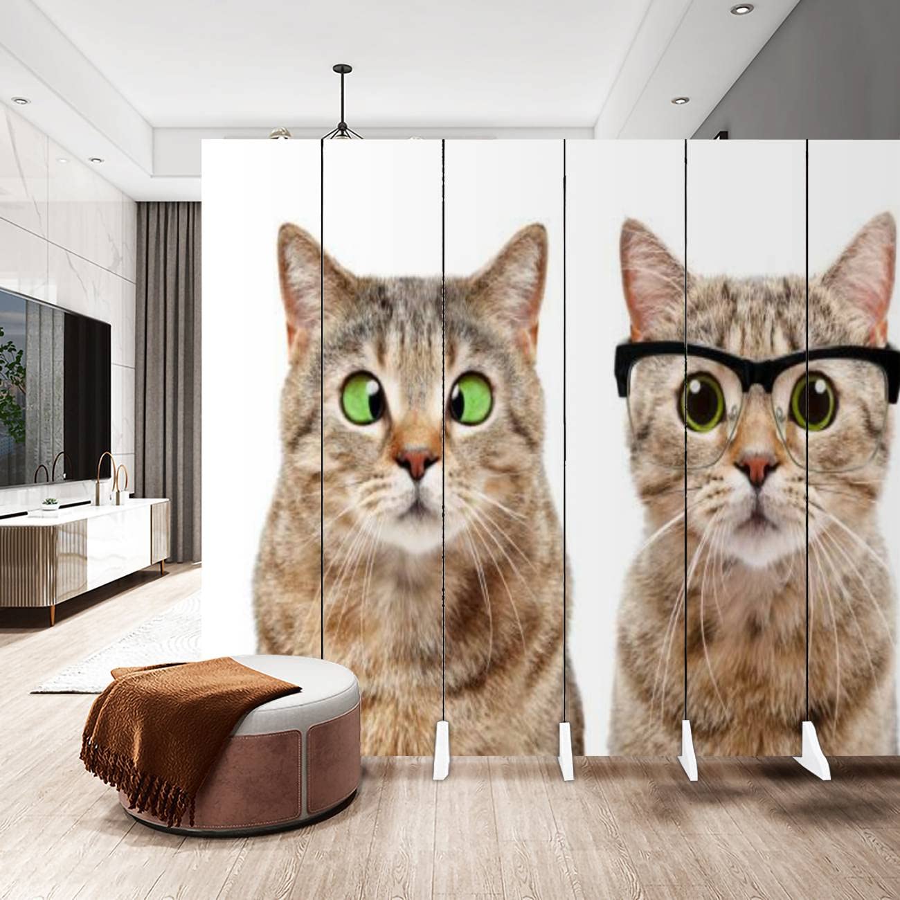6-Panel Canvas Room Divider Screen with Cute Cat Portrait - Foldable Privacy Partition Wall Separator for Bedroom, Office & Studio | Home Decor & Space Divider
