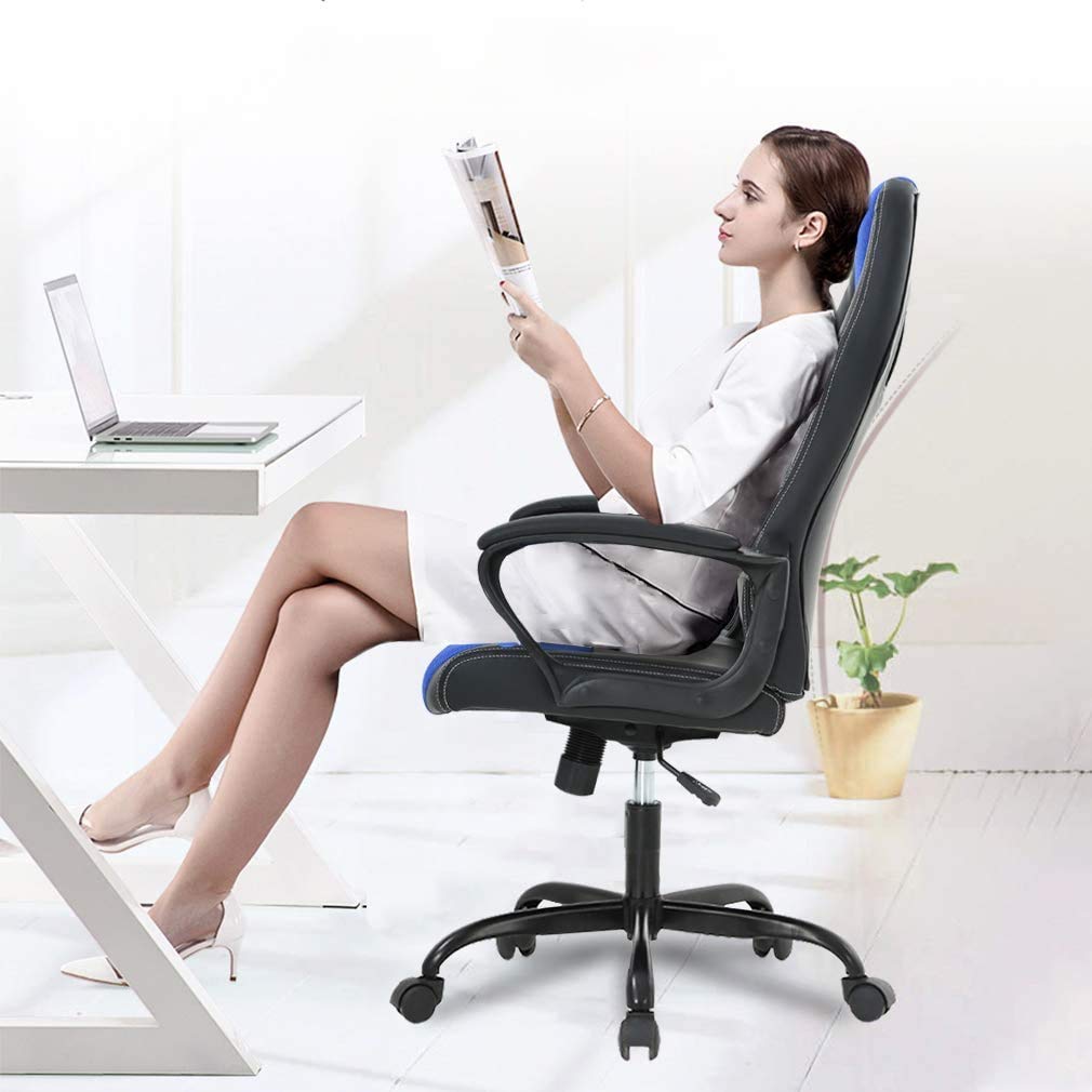 Ergonomic Office Chair with Lumbar Support - Adjustable Height Swivel Rolling Computer Chair for Gaming, Executive & Home Office - Breathable Leather Task Chair (Blue) - Perfect for Long Work Hours & Gaming Sessions