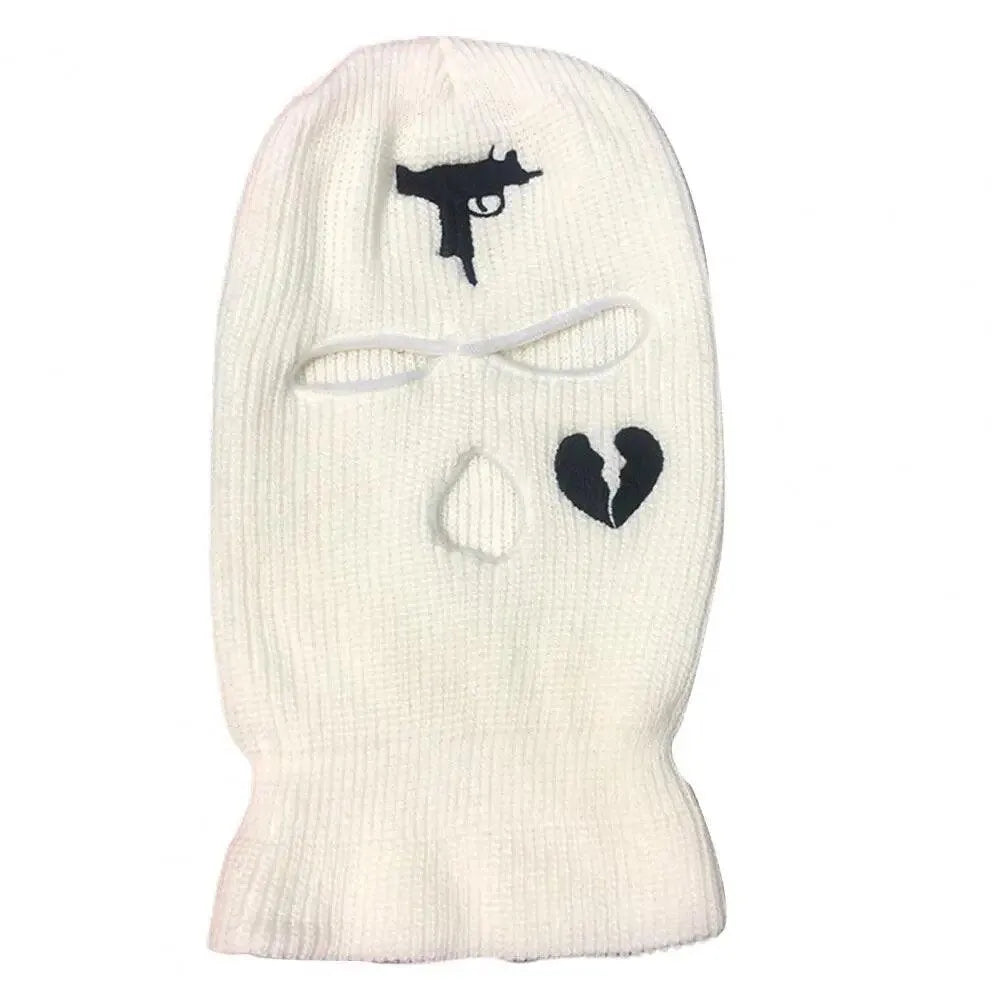 3 Hole Knit Ski Mask Balaclava - Winter Full Face Cover with Heart Embroidery - Thermal Neck Warmer for Cycling, Skiing & Outdoor Activities - Y2K Fashion Face Mask for Cold Weather Protection
