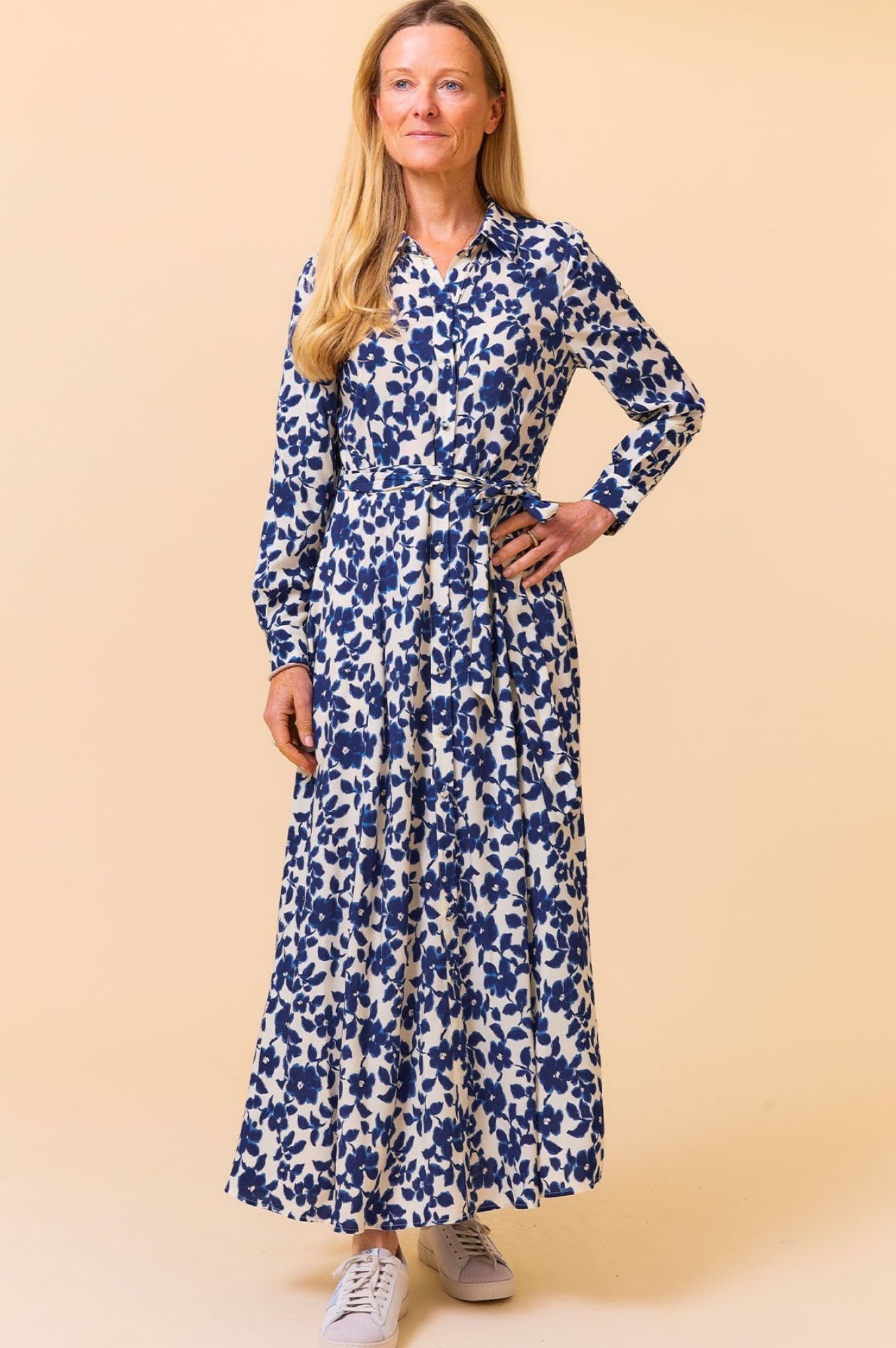 Eliza EcoVero™ Shirt Dress for Women - Blossom Cream & Navy Blue | Sustainable Viscose Blend | Casual Office Wear & Spring Outfits