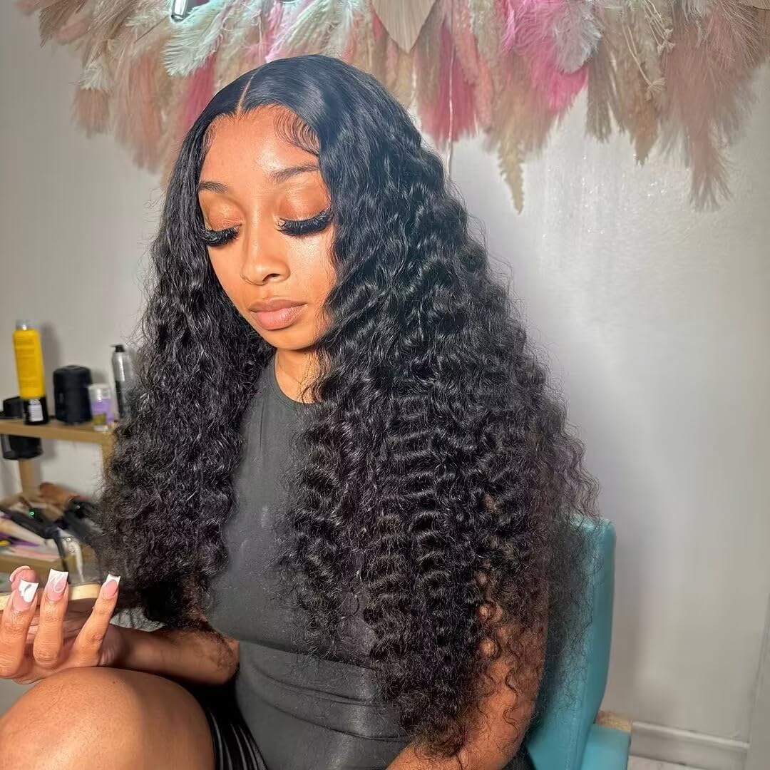 Josblue Deep Wave Lace Front Wigs Human Hair - 150% Density Curly Wigs for Black Women with Baby Hair (13x4 Lace, 30 Inch, Black) - Perfect for Daily Wear, Parties, Weddings & Special Occasions