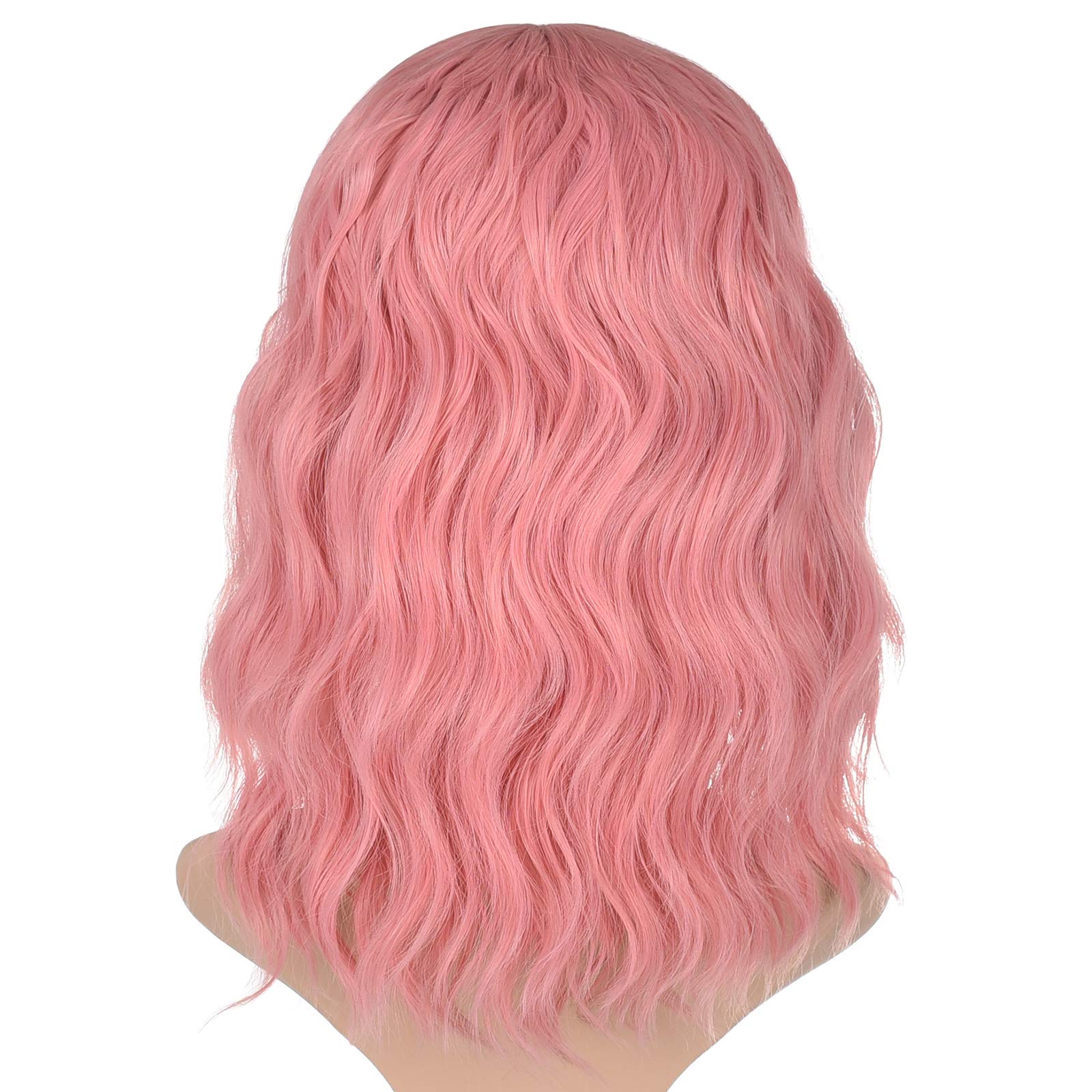 Morvally 16 Inch Short Pink Wavy Bob Wig with Bangs for Women - Natural Synthetic Hair Wavy Wig for Cosplay, Halloween, Costume Parties & Daily Fashion