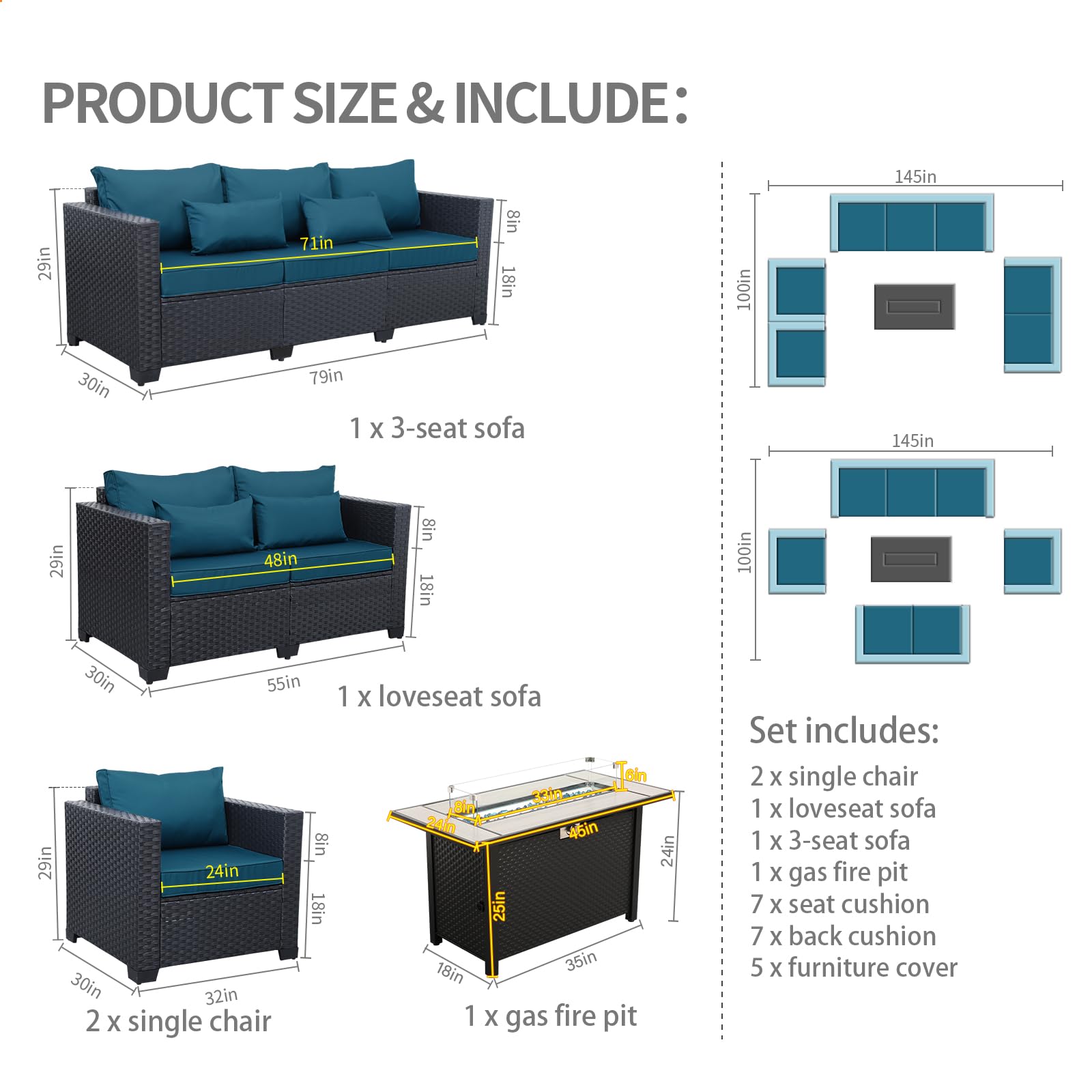 **Rattan Patio Furniture Set with 45-Inch Fire Pit – 5-Piece Outdoor Sectional Sofa, Chairs & 60,000 BTU Steel Propane Fire Table – Waterproof Covers & Non-Slip Cushions (Peacock Blue) – Perfect for Backyard, Garden, or Poolside Relaxation**