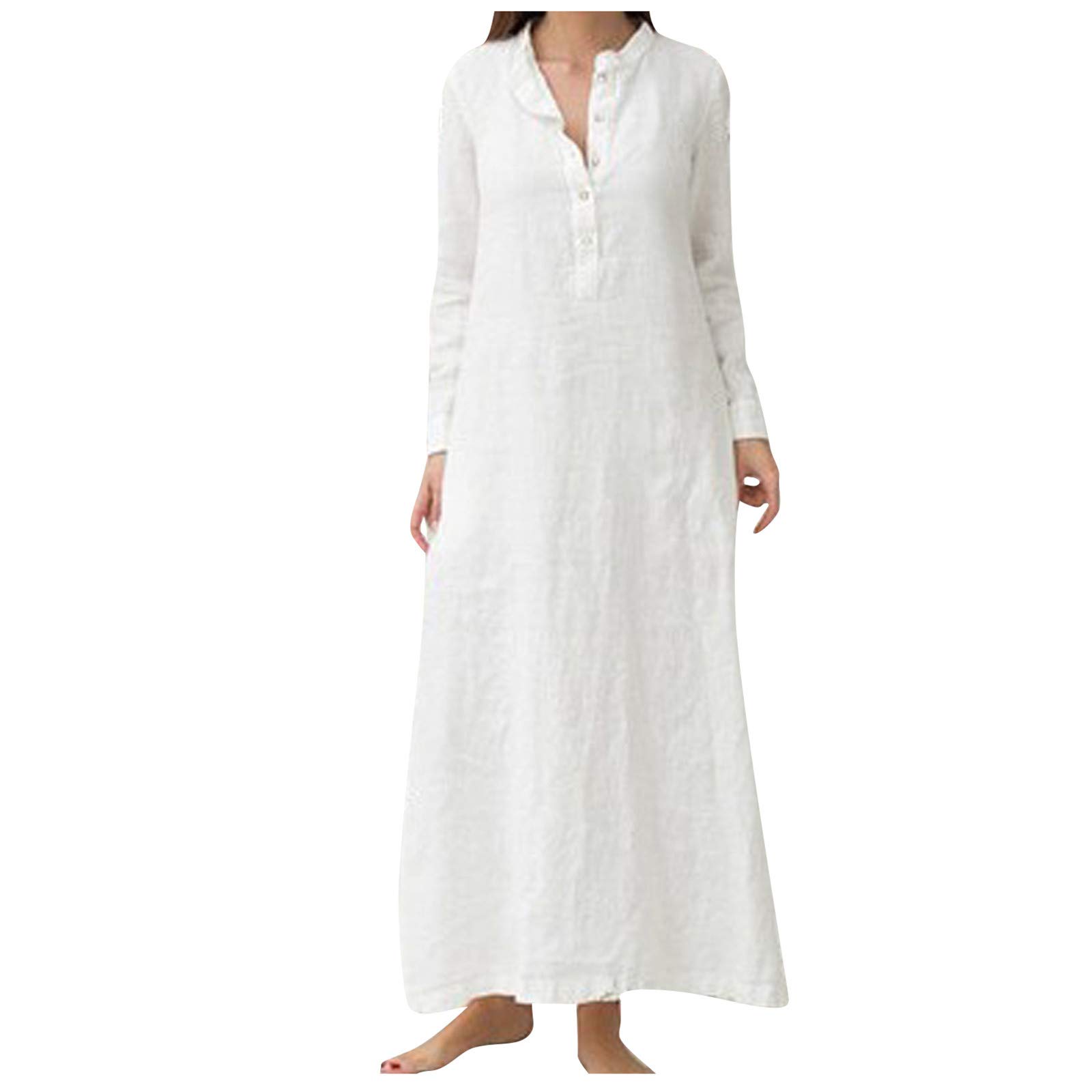 Women's Summer Cotton Kaftan Dress - Long Sleeve Oversized Maxi Shirt Dress with Breast Pocket | Casual Boho Beach Cover Up, Vacation Wear & Lounge Dress
