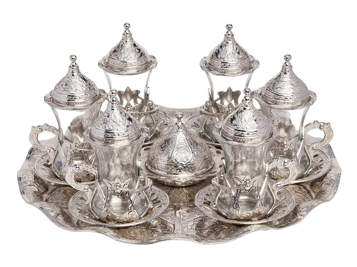 Handmade Turkish Tea Set with Zamzam Water Glasses, Saucer, Tray & Spoon (Silver) - Perfect for Traditional Tea Ceremonies, Home Decor & Gift Giving