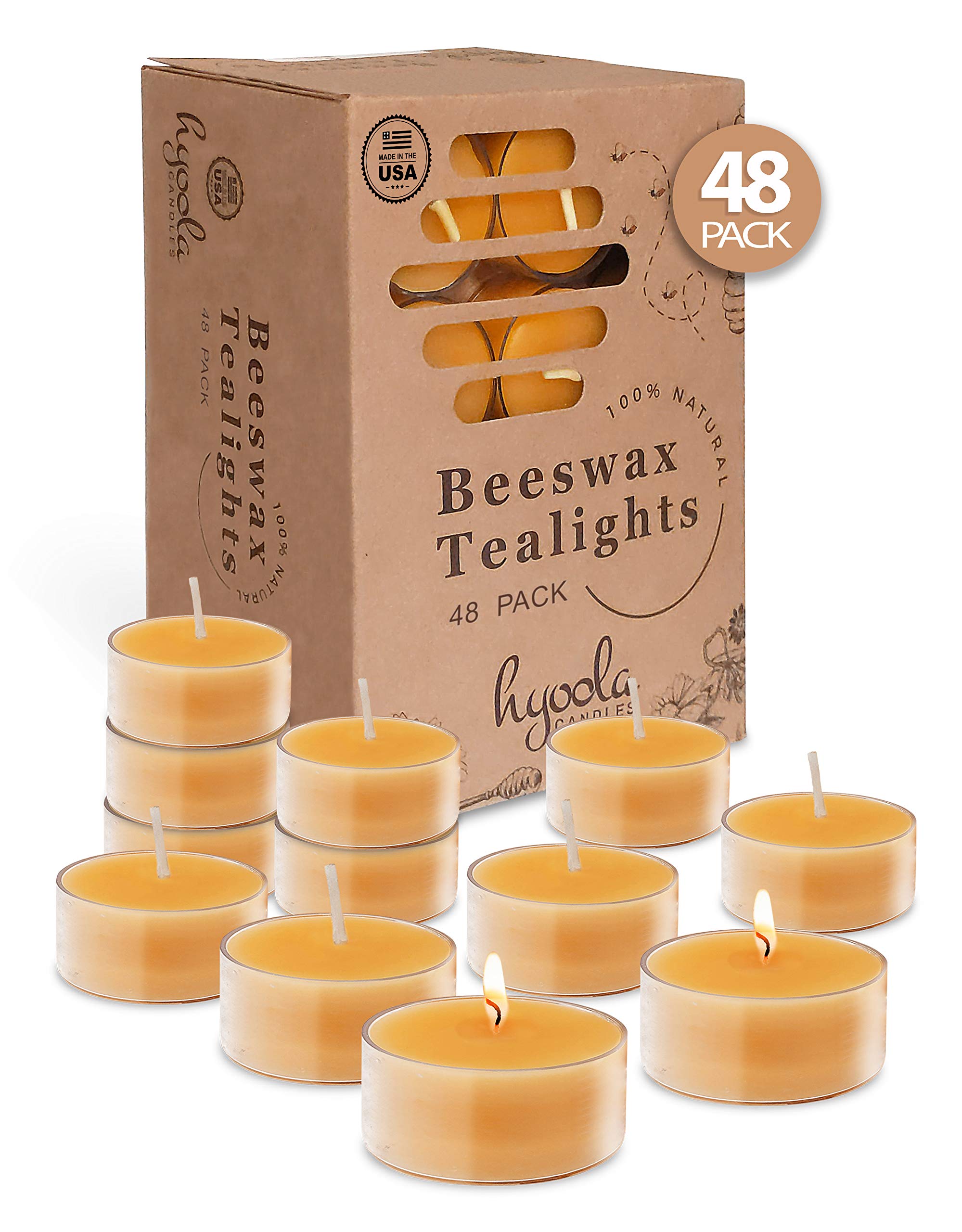 Hyoola Pure Beeswax Tea Light Candles - Handmade Unscented Decorative Tealights with 4 Hour Burn Time in Clear Cups (Pack of 48) - Perfect for Romantic Dinners, Spa Relaxation & Home Decor