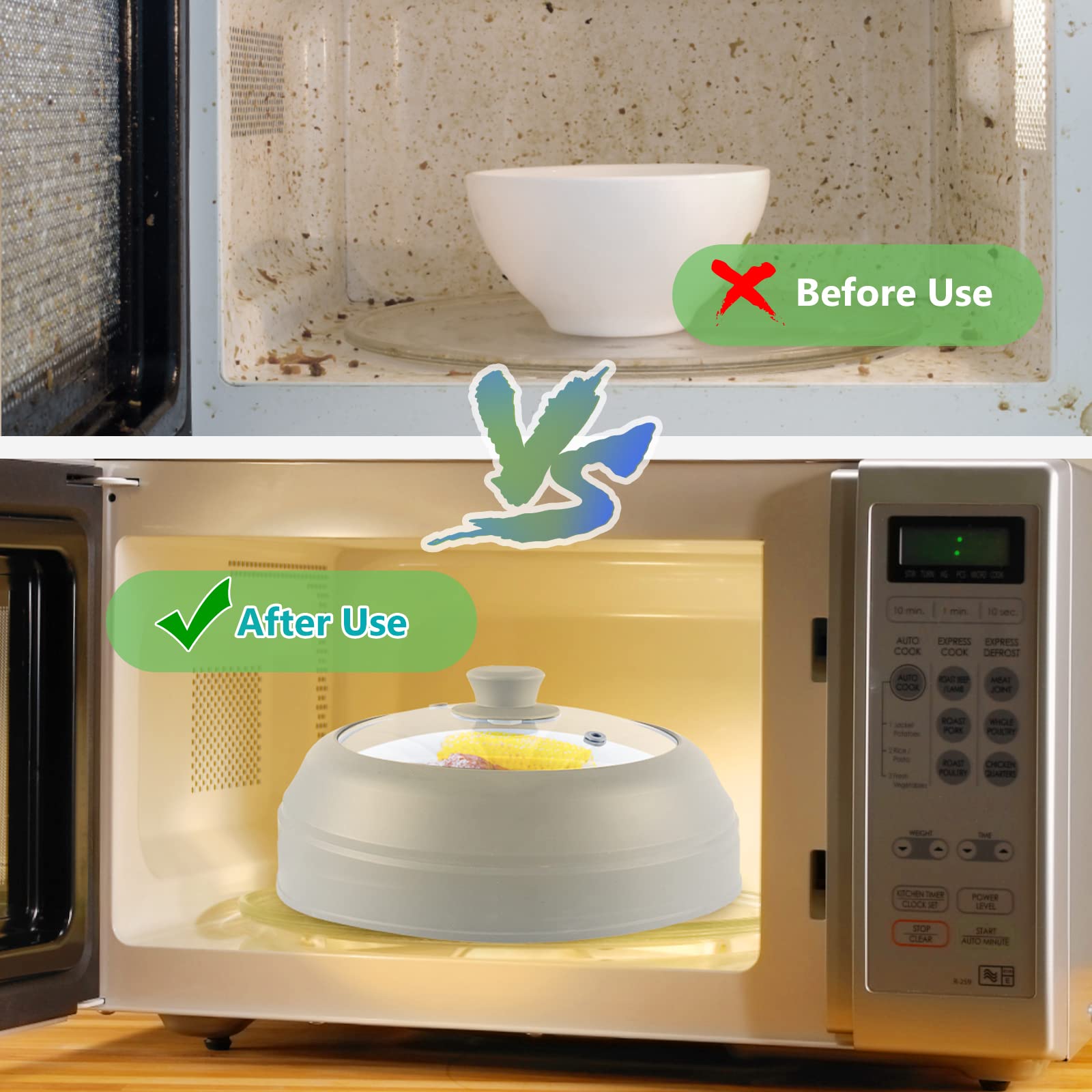 BPA-Free Glass Microwave Splatter Cover - 10.5 Inch Foldable Microwave Plate Cover & Silicone Splash Guard for Food - Perfect for Reheating, Cooking, and Preventing Messes in Microwave Ovens