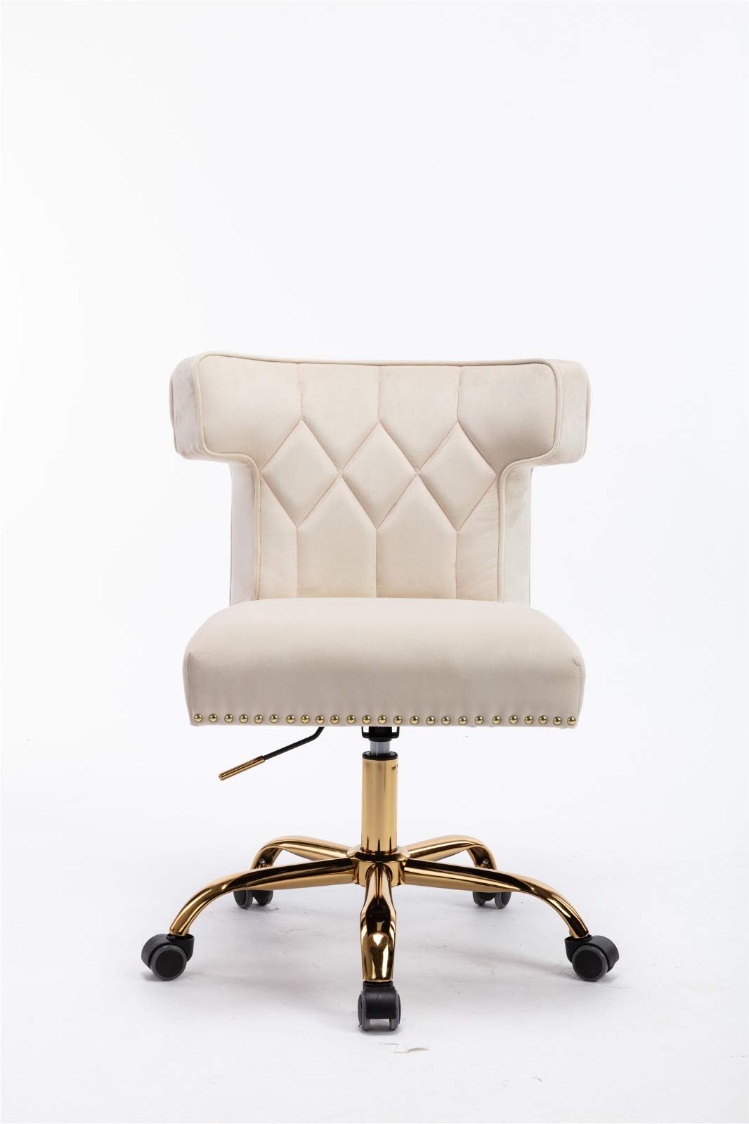 Modern Velvet Swivel Wingback Chair - Adjustable Height Office Chair with Movable Casters for Living Room, Bedroom, or Makeup Dressing Area (Beige) | Comfortable Home & Office Seating Solution for Work, Relaxation & Beauty Routines