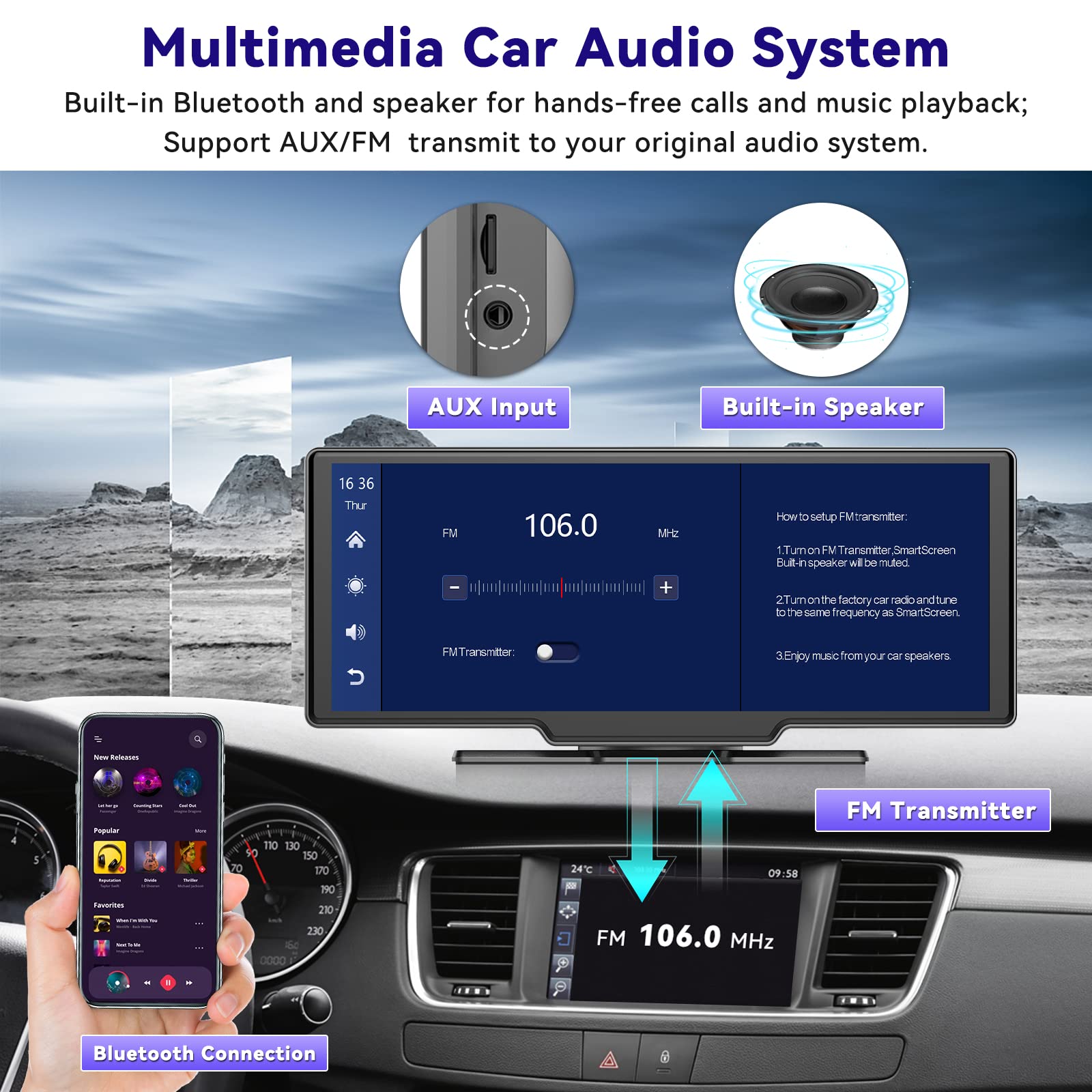 9.3 Inch Touch Screen Car Stereo with Wireless CarPlay & Android Auto | Bluetooth, AUX/FM, Voice Control | Front Dash & Rear View Camera | 7-32V Dashboard Mount | Perfect for Road Trips, Commuting & Hands-Free Driving