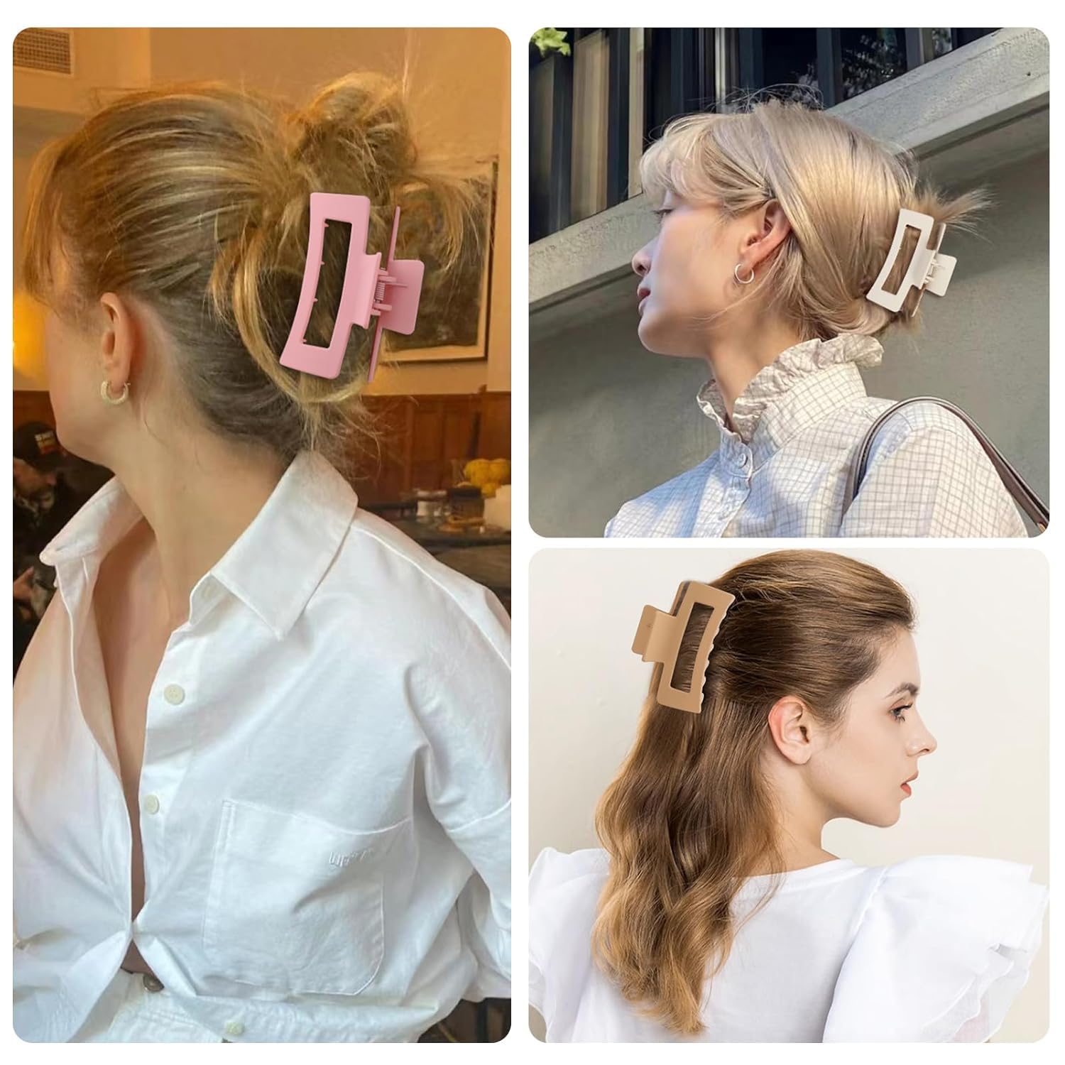 6 Pcs Large Claw Hair Clips for Women - Strong Hold Matte Non-Slip Square Hair Clips for Thick Long Curly Hair - Durable Hair Accessories for Workout, Yoga, Office and Daily Styling