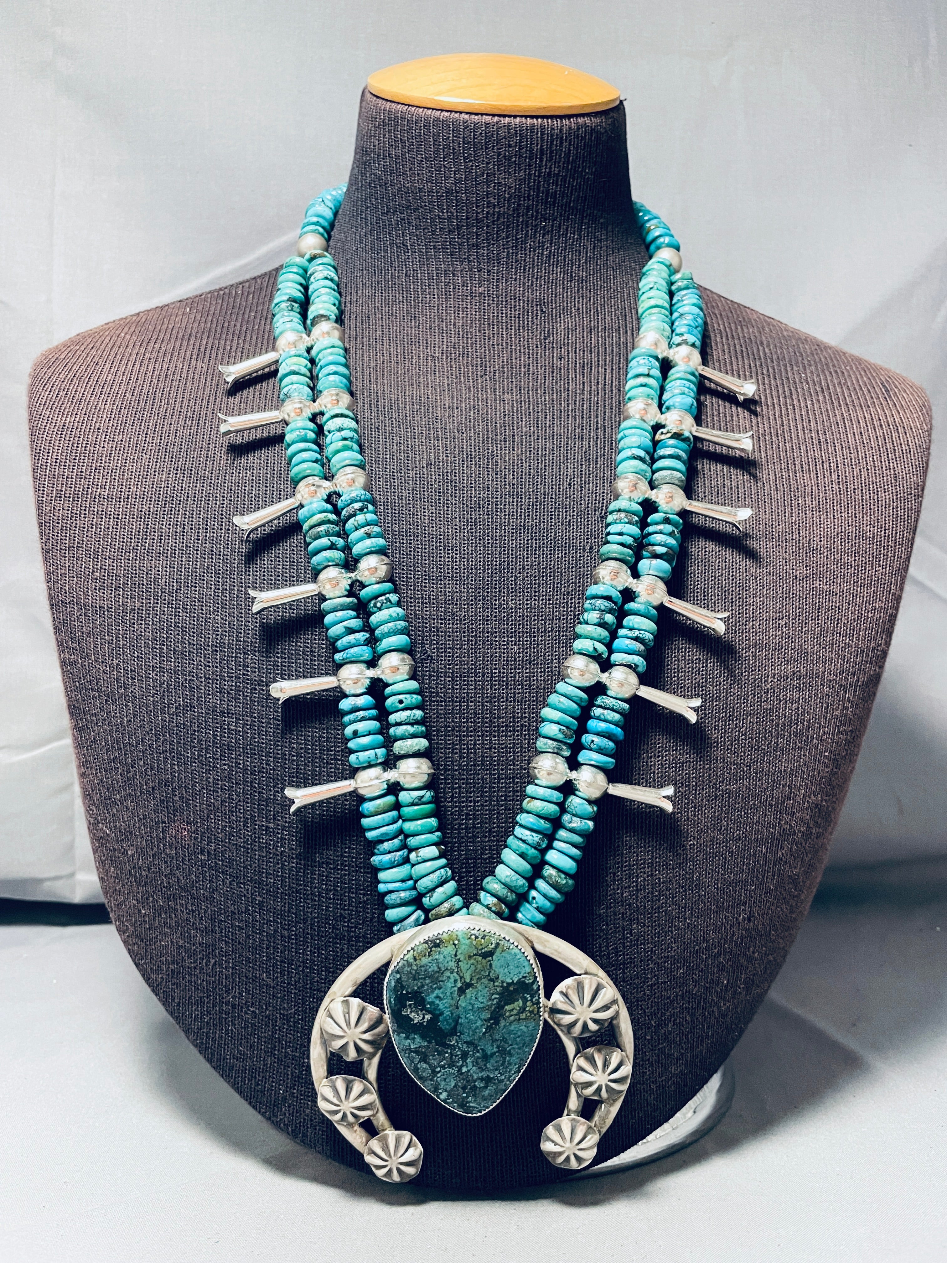 Authentic Navajo Sterling Silver Squash Blossom Necklace with Pilot Mountain Turquoise (190+ Grams) - Handcrafted Native American Jewelry for Women, Perfect for Weddings, Festivals & Special Occasions