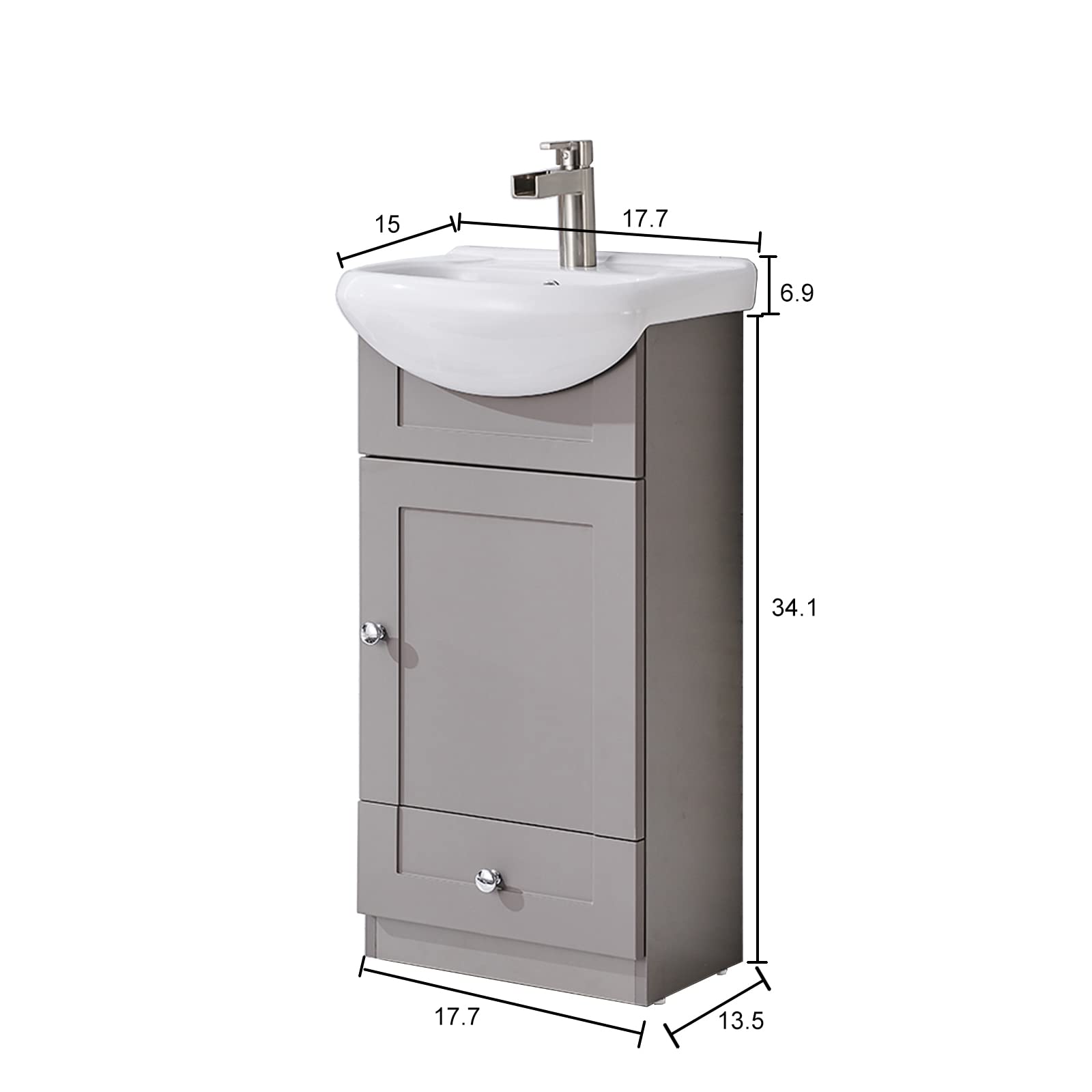 18 Inch Small Bathroom Vanity with Sink Combo - Freestanding Modern Grey Khaki Wood Vanity & Ceramic Vessel Sink Set - Space Saving Sink Cabinet with 1 Door & 1 Drawer - Perfect for Compact Bathrooms, Powder Rooms & Small Spaces