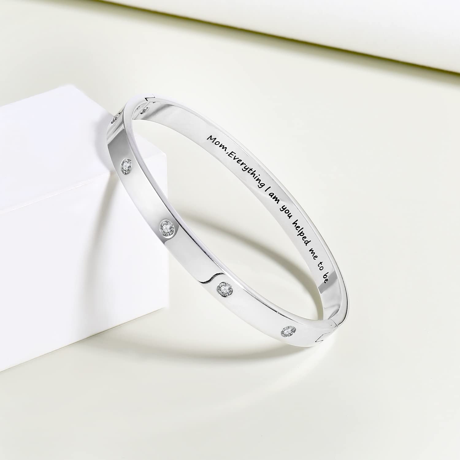 CONRAN KREMIX Inspirational Silver Bangle Bracelet for Women - Stainless Steel Non-Tarnish Oval Bracelet with Cubic Zirconia Stones - Perfect Birthday Gift, Anniversary Present & Everyday Elegance Jewelry