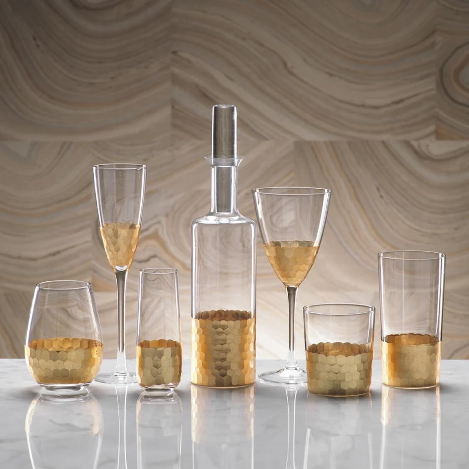 Premium Zodax Fez Cut Stemless Glasses with 24K Gold Leaf Accents - Set of 6 Elegant Wine or Cocktail Glasses for Parties, Weddings & Home Entertaining