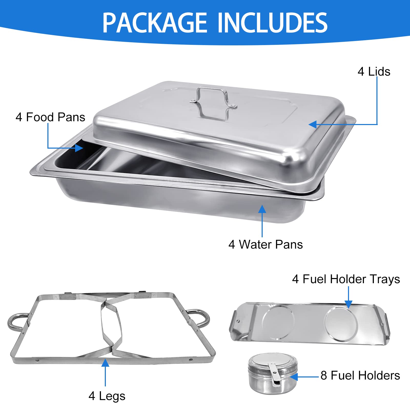 4-Pack Stainless Steel Buffet Chafing Dish Set - 8QT Food Warmer with Water Pan & Fuel Holders for Catering, Parties, Weddings, and Events - Perfect for Keeping Food Hot at Banquets, Buffets, and Large Gatherings