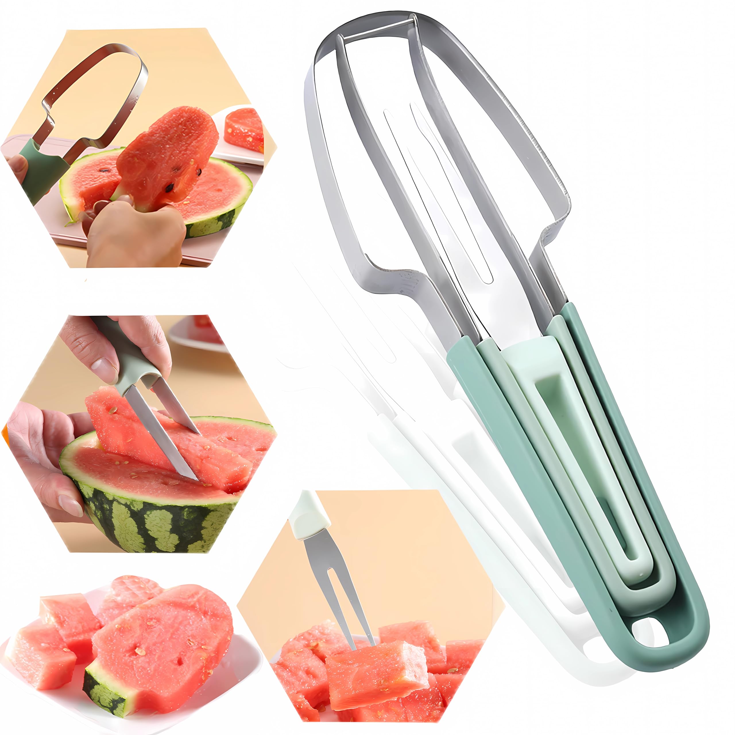 3-in-1 Stainless Steel Watermelon Cutter Slicer Tool - Watermelon Popsicle Maker & Fork - Durable Kitchen Gadget for Fruit Cutting | Perfect for Summer BBQs, Picnics & Family Gatherings
