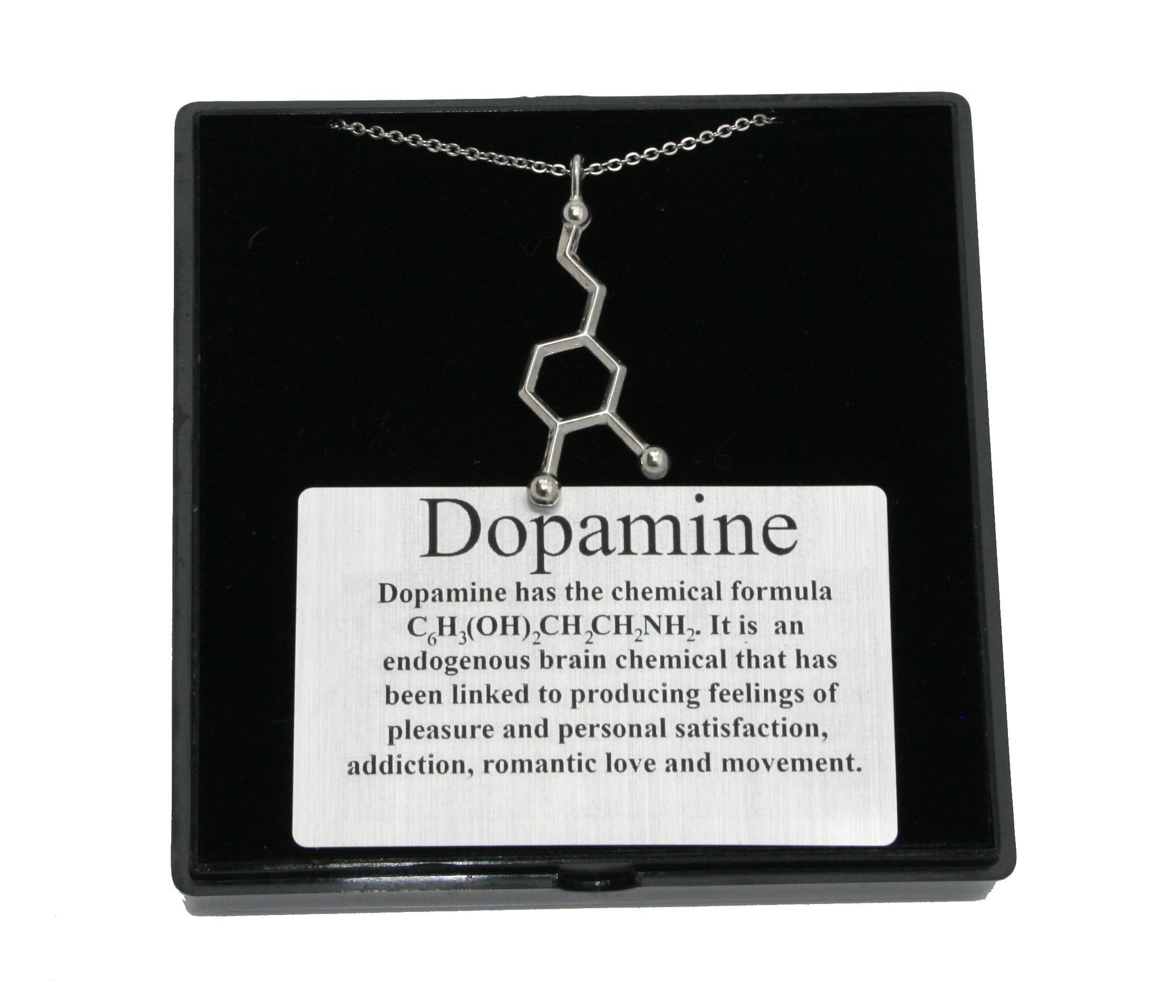 Dopamine Molecule Necklace in Pewter - 18 Inch Sterling Silver Chain with Gift Box & Info Card - Perfect for Science Lovers, Chemistry Gifts & Unique Jewelry