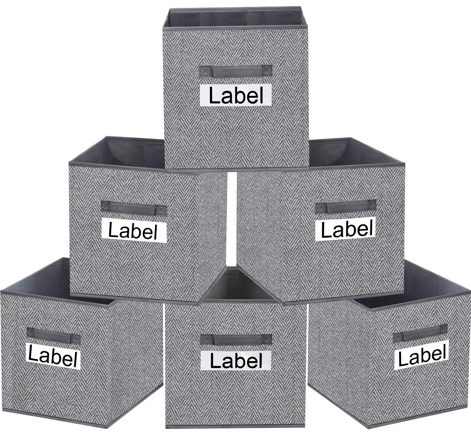 13 Inch Foldable Fabric Storage Cubes with Handles - Set of 6 Herringbone Pattern Organizer Bins for Clothes, Toys, Pantry & Nursery | Perfect for Kids Room, Closet Shelves & Home Organization (Grey)