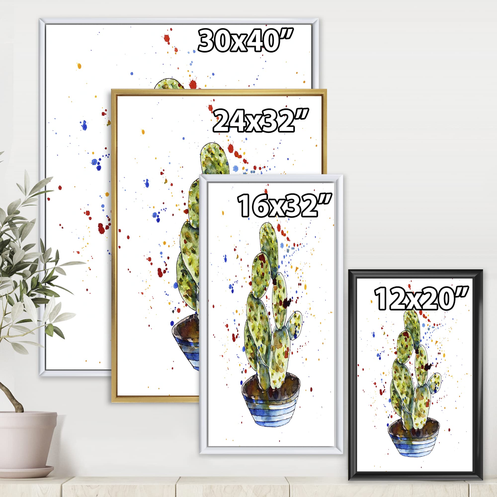 DesignQ Cactus Houseplant Wall Art - Traditional Framed Canvas Print for Home & Office Decor | Perfect for Living Room, Bedroom, or Workspace