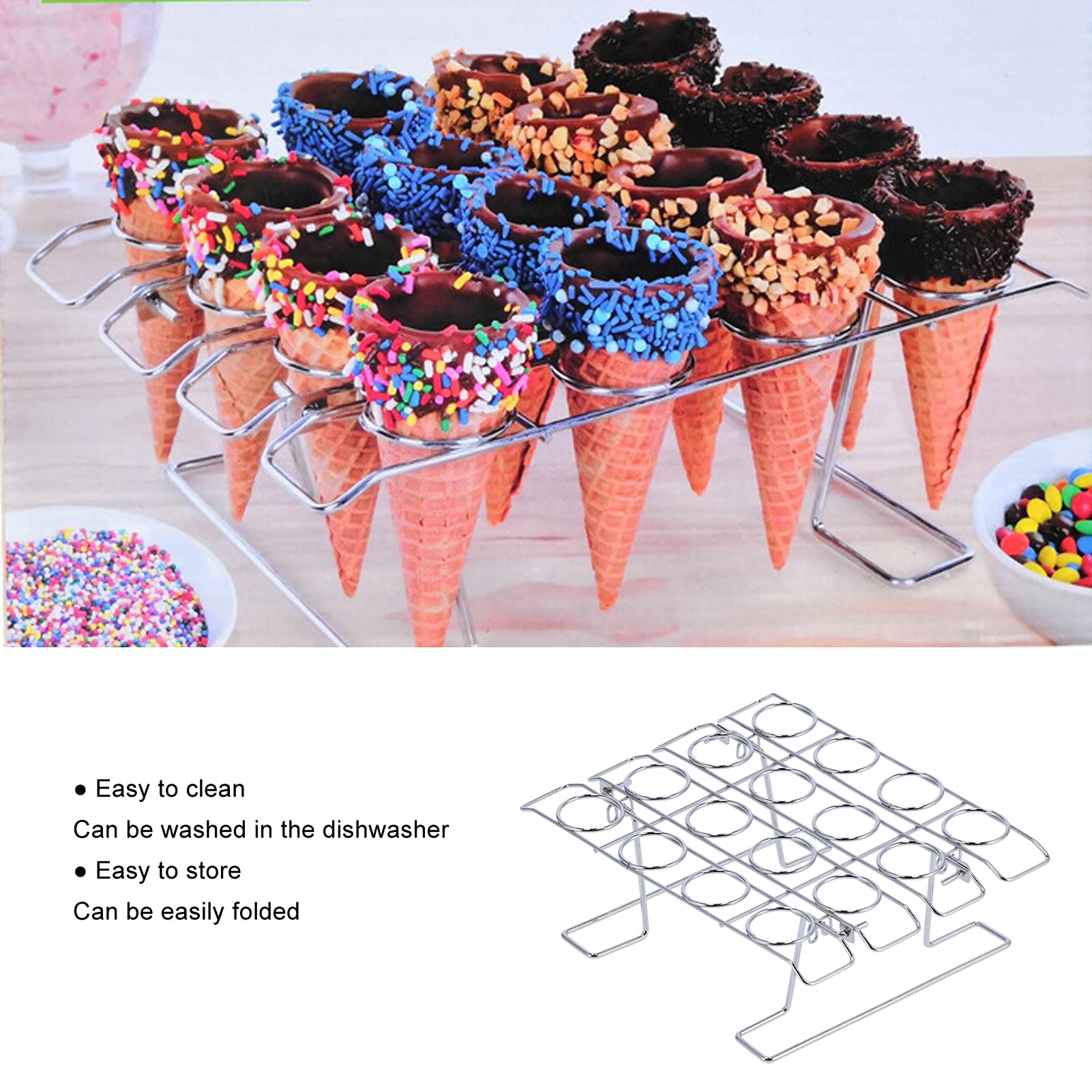 16-Hole Folding Baking Rack - Space-Saving Cupcake Stand, Ice Cream Cone Holder for Weddings & Birthdays (9x21x27.5cm) | Perfect for Party Dessert Displays, Bakery Storage & Home Kitchen Organization