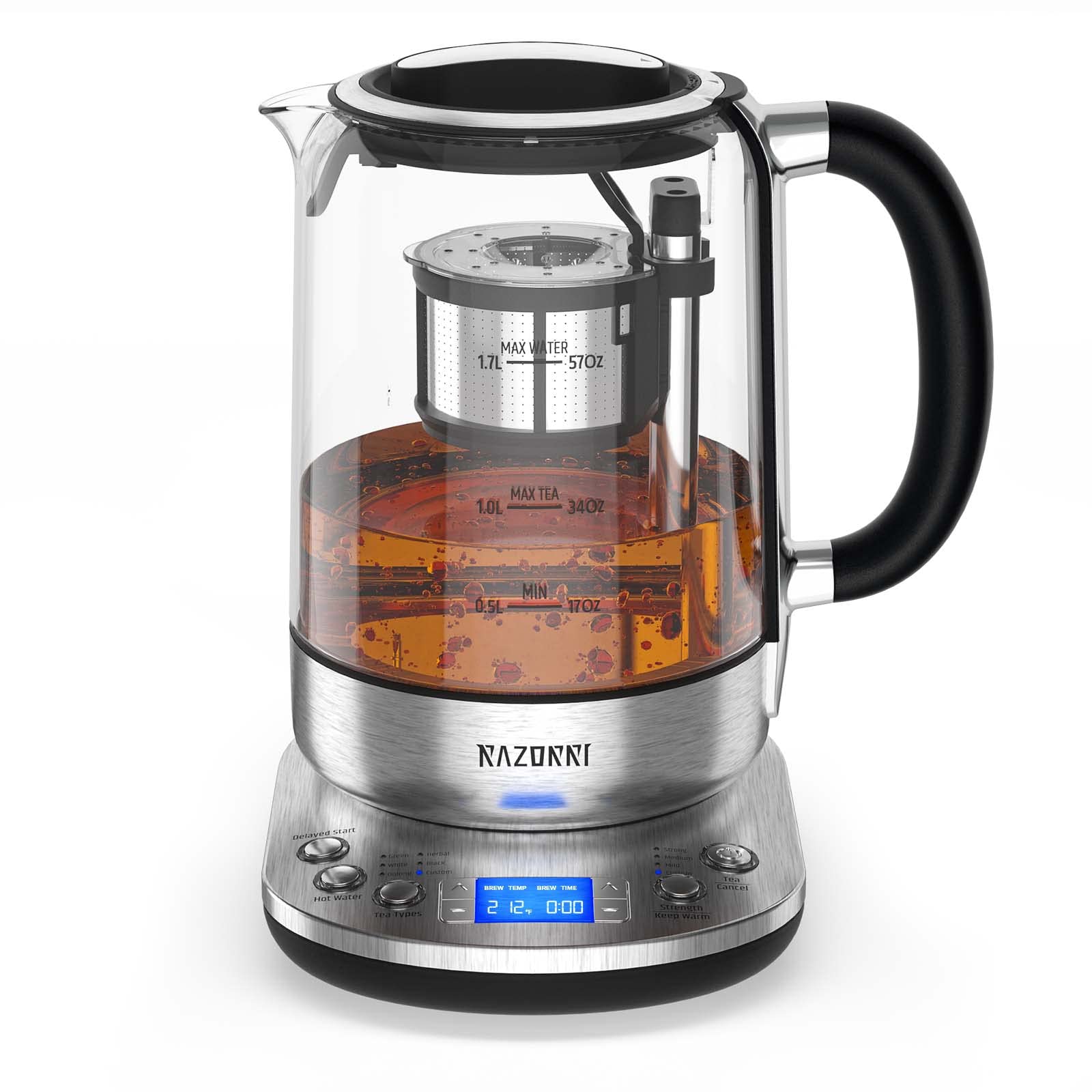 Razorri Electric Tea Maker 1.7L with Automatic Infuser - Stainless Steel Glass Kettle for Tea Brewing | 5 Tea Type Presets & 3 Brew Strength Options | 24H Delay Start & Keep Warm Function | Perfect for Home, Office & Gift Giving