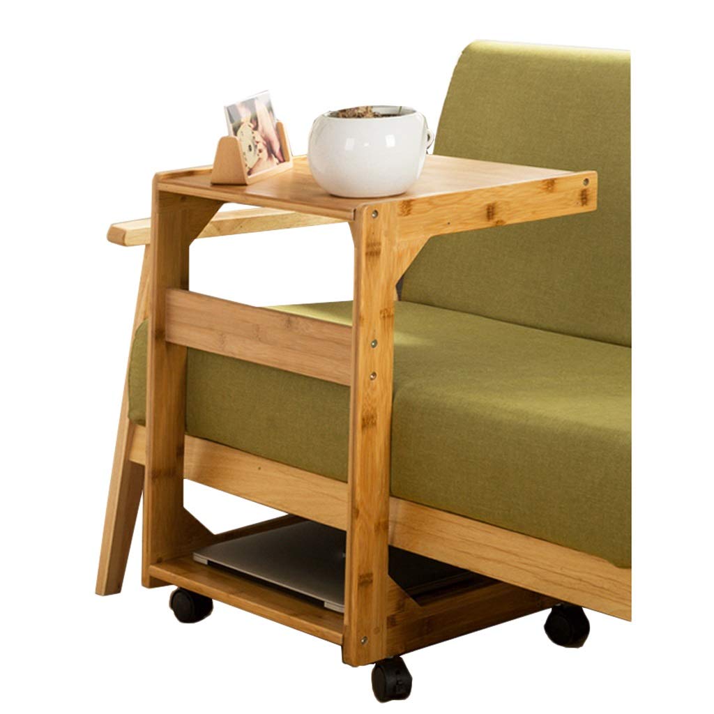 FHW Bamboo Side Table with Wheels - High Capacity Storage Coffee Table for Living Room, Balcony, Small Apartment - Retro Layered Square Design (35x37.5x63cm) - Perfect for Tea Time, Sofa Side, and Space-Saving Home Decor
