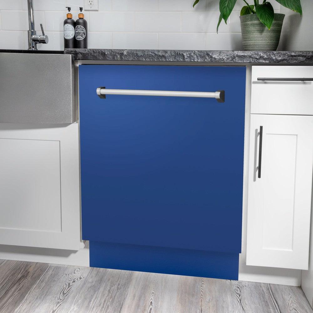 ZLINE 24 Inch Tallac Series 3rd Rack Dishwasher - Blue Matte Panel, Traditional Handle, Ultra Quiet 51dBa (DWV BM 24) | Perfect for Modern Kitchens, Small Families & Energy-Efficient Homes