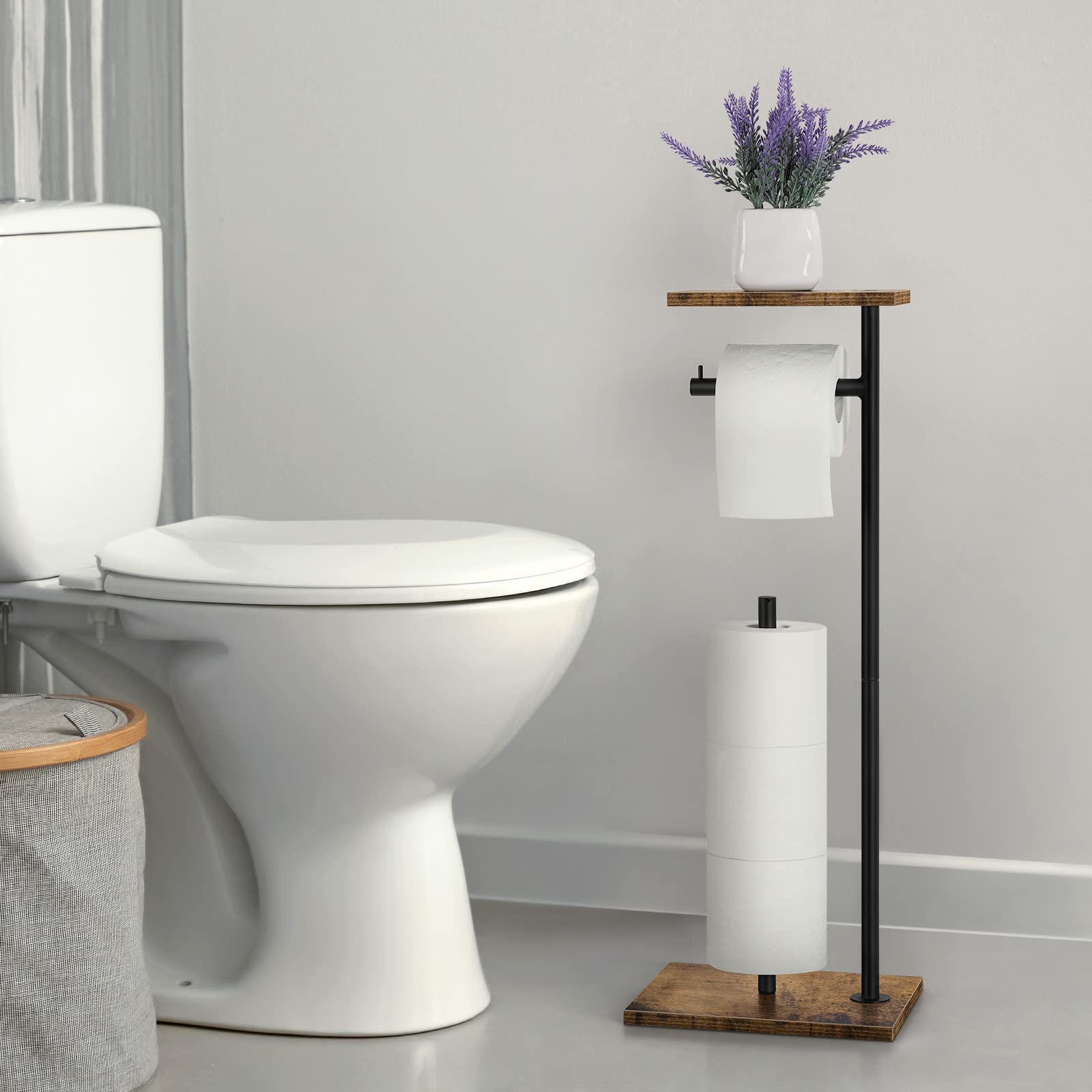 Free-Standing Toilet Paper Holder Stand with Shelf - Rustic Brown Bathroom Tissue Roll Dispenser for Farmhouse & Modern Decor | Perfect for Bathroom, Vanity, and Guest Toilet Organization