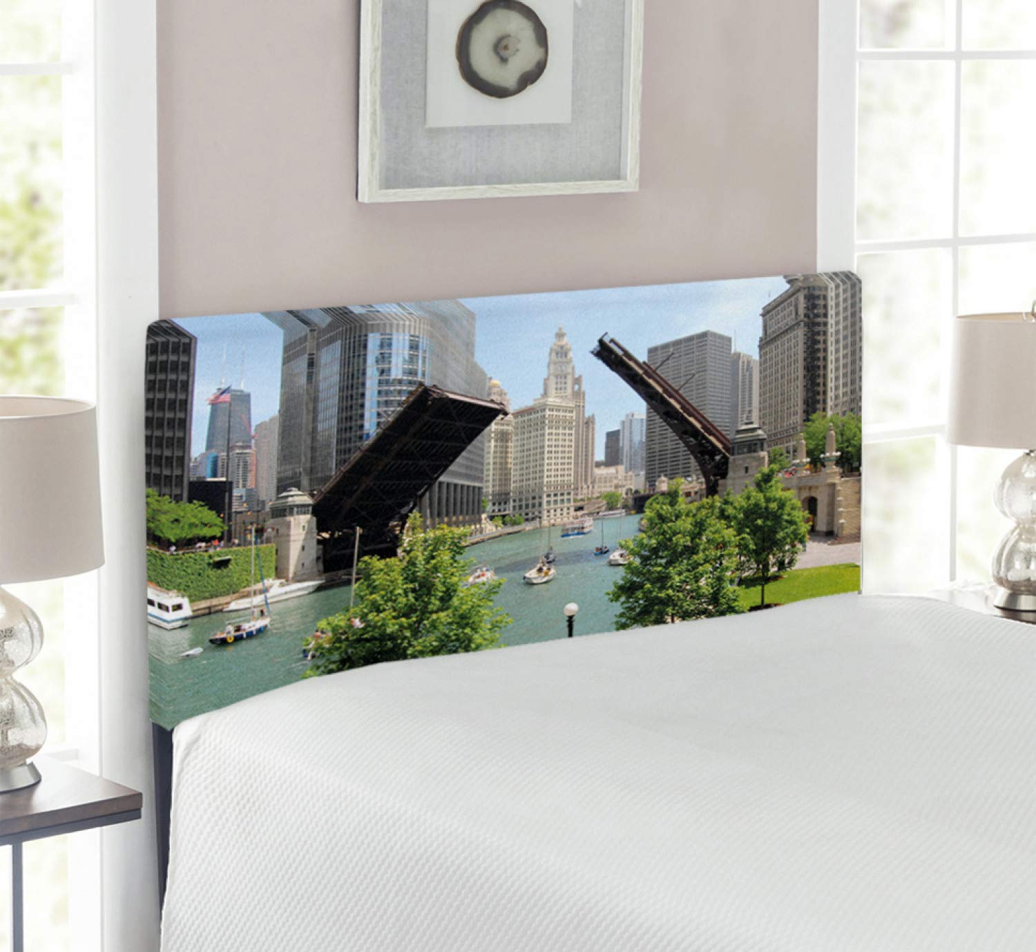 Ambesonne Twin Size Upholstered Headboard - Decorative Metal Bed Headboard with Memory Foam, Downtown Chicago Illinois Skyline Design, Multicolor | Perfect for Bedroom Decor, Guest Rooms & Dorm Rooms