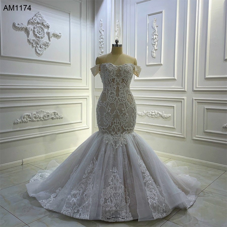 Elegant Off Shoulder Champagne Mermaid Wedding Dress AM1174 – Perfect for Beach, Church, and Formal Bridal Ceremonies