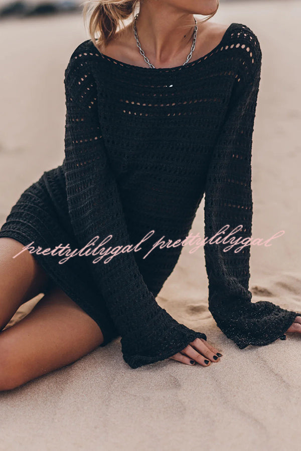 Sunset Love Knit Open Back Tie-Up Flare Sleeve Cover Up Mini Dress - Perfect for Beach Vacation, Summer Party & Boho Fashion