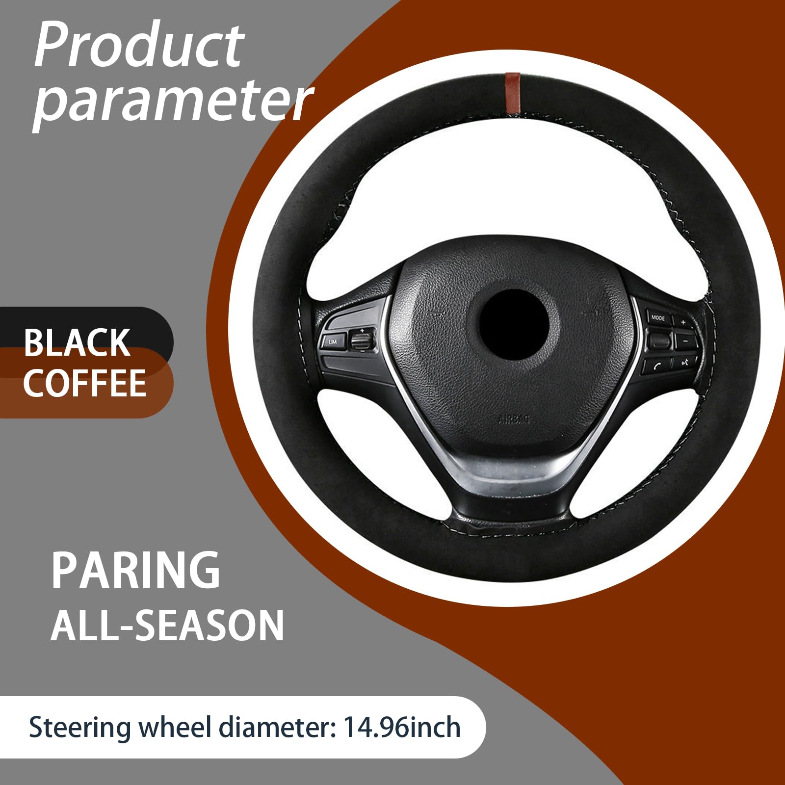 Gunhunt 1 PC Premium Suede Nubuck Leather Steering Wheel Cover - 14.9