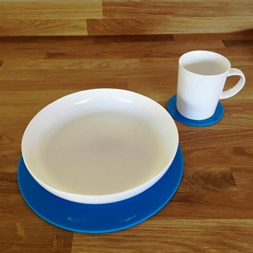 Round Non-Slip Placemat and Coaster Set - 8 Pack Bright Blue Table Mats with 8 Drink Coasters - Large Size for Dining Table, Kitchen, Party & Home Decor