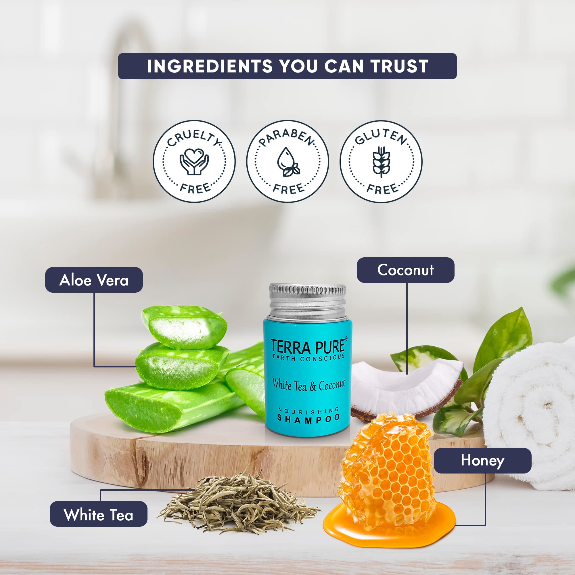Terra Pure White Tea & Coconut Shampoo & Body Wash - 1 oz Travel Size (Pack of 100) | Hotel Amenities for Guests | Perfect for Travel, Gym & Hospitality Use