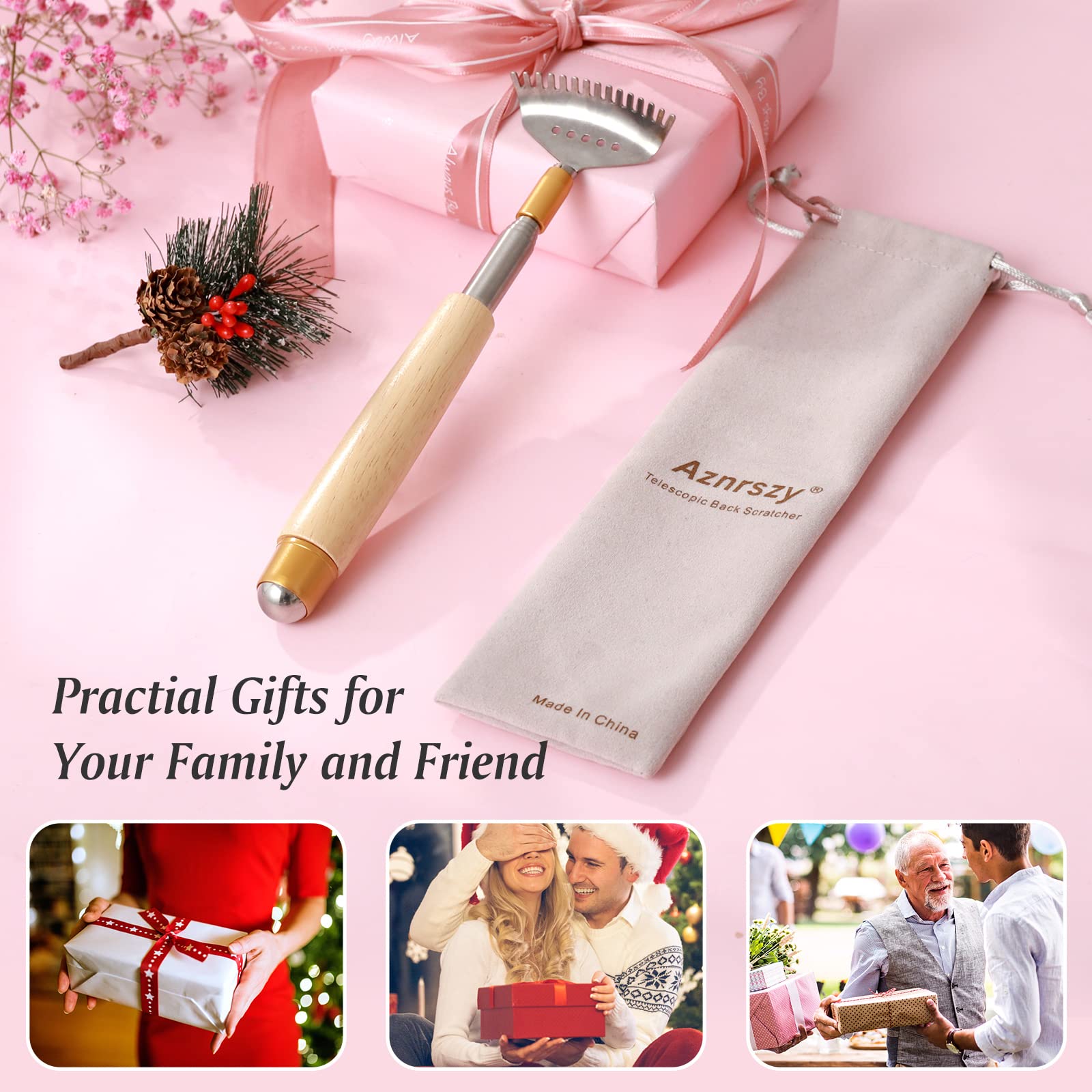 Best Telescoping Back Scratcher for Women & Men - Extendable Wood Handle with Steel Massage Roller & Wide Claw - Adjustable Up to 24 Inches - Perfect for Home, Office, Travel & Gift Giving