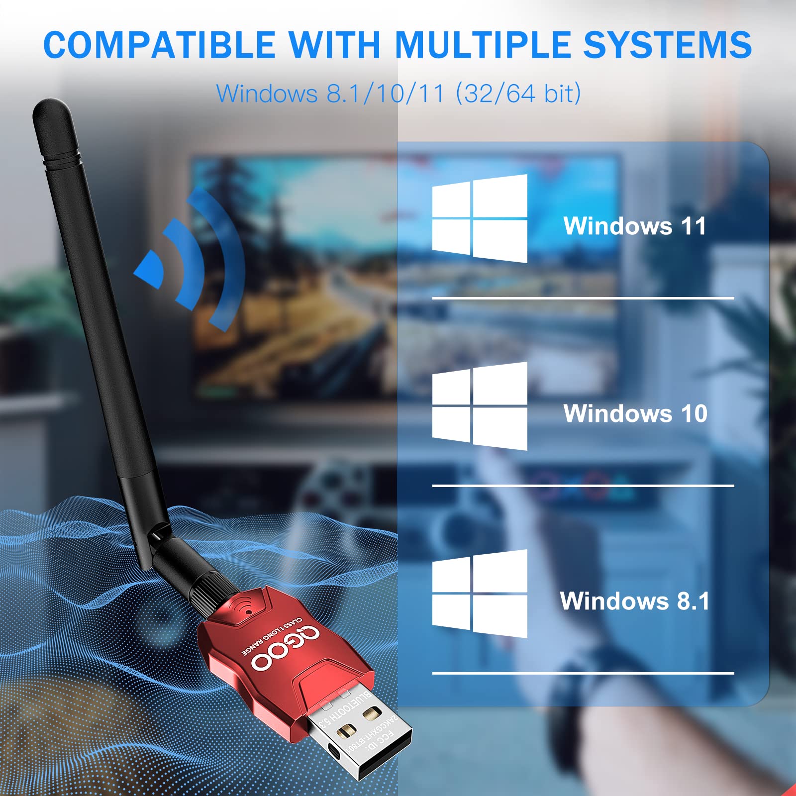 Wireless Bluetooth 5.3 USB Adapter for PC - Fast Data Transfer with EDR Technology, Compatible with Windows 10/8.1/8/7 - Works with Speakers, Keyboards, Headphones & More (Flame Red) - Perfect for Home Office, Gaming & Music Streaming