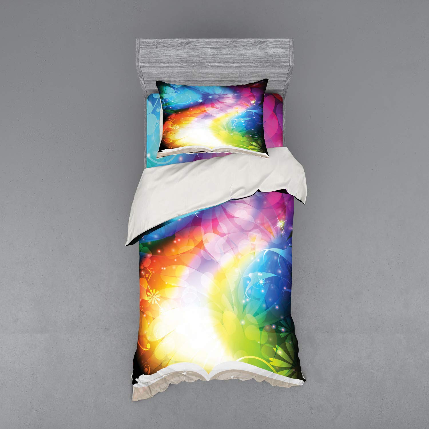 Ambesonne Psychedelic Open Book Duvet Cover Set - 3 Piece Twin Size Bedding with Sham & Fitted Sheet - Gradient Rainbow Floral Design - Perfect for Bohemian Bedrooms & College Dorm Decor