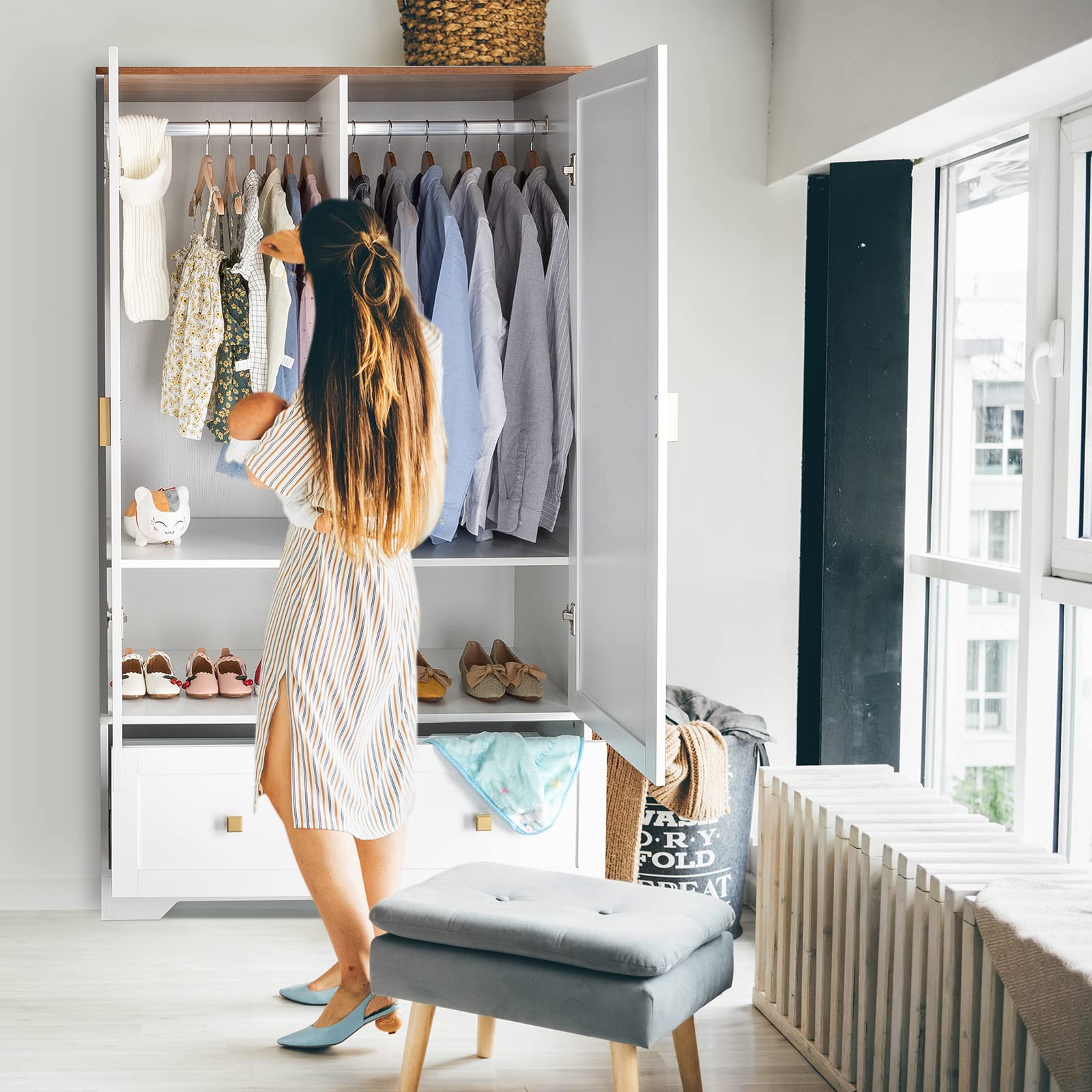 VINGLI 38 Inch Wide White Armoire Wardrobe with Hanging Rod, Shelves & Drawer - Freestanding Closet Organizer for Bedroom, Dorm, Apartment - 21