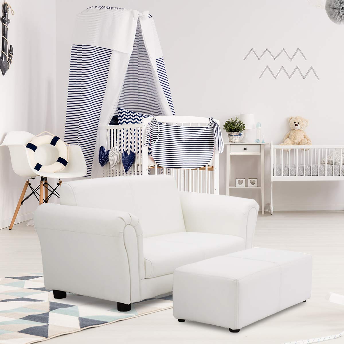 Costzon 2-in-1 Kids Couch with Footstool - PU Leather Children's Sofa with Armrests, Soft Toddler Lounge Chair for Boys & Girls - Perfect for Preschool Bedroom, Playroom & Birthday Gifts (White)