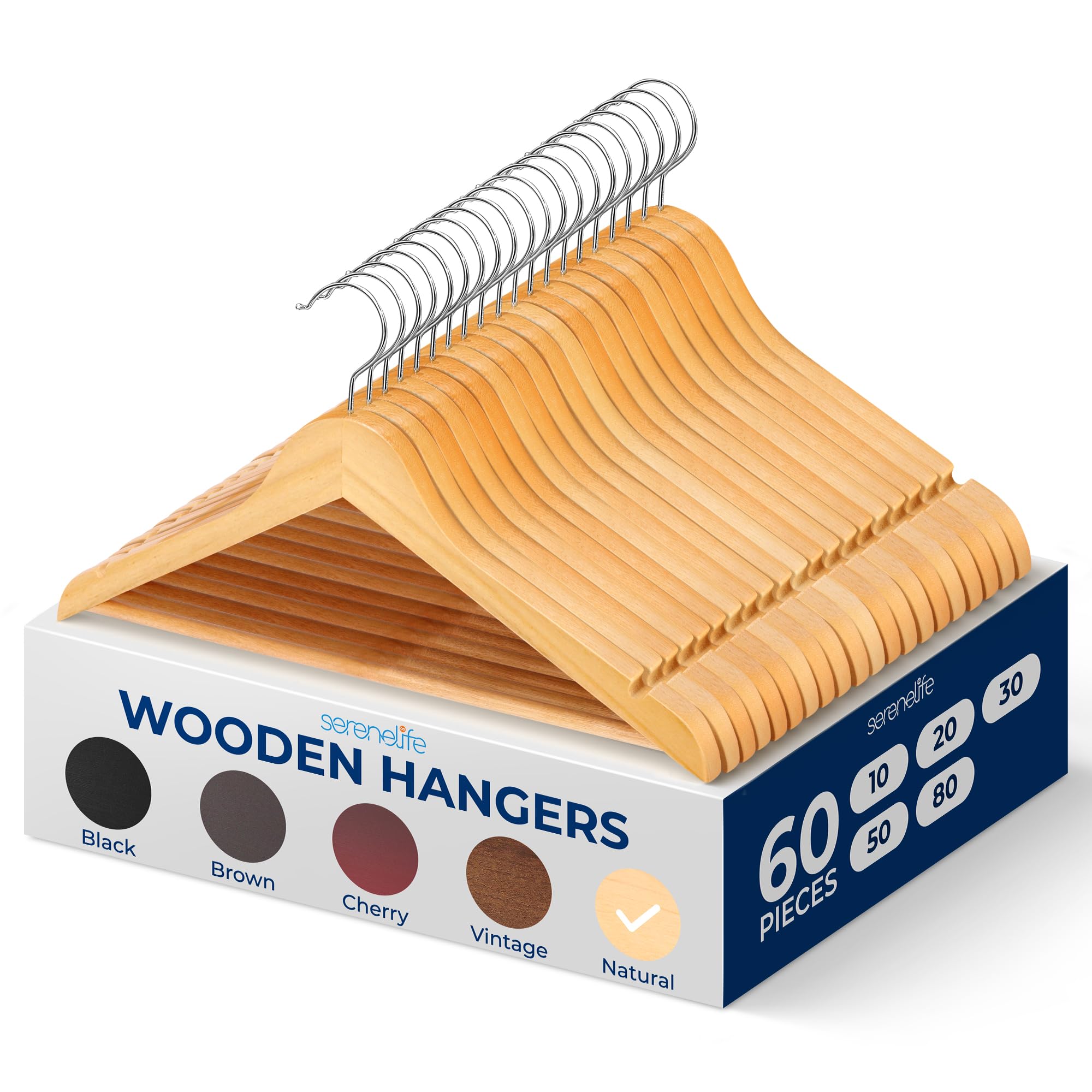 SereneLife 60-Piece Solid Wooden Clothes Hangers Set - Heavy Duty Suit Hangers with 360° Swivel Chrome Hooks & Notched Design - Natural Wood Color for Wardrobe Organization & Closet Storage