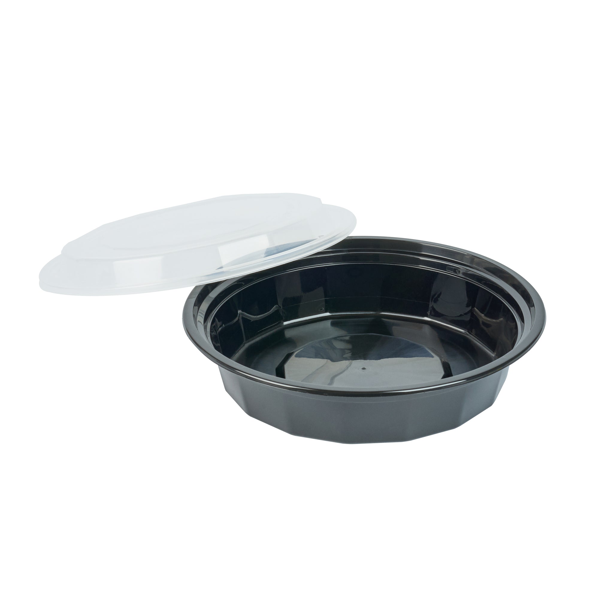 24 oz Round Black Plastic Food Storage Containers with Clear Lids - 100 Pack, Microwave Safe To-Go Boxes (7.25