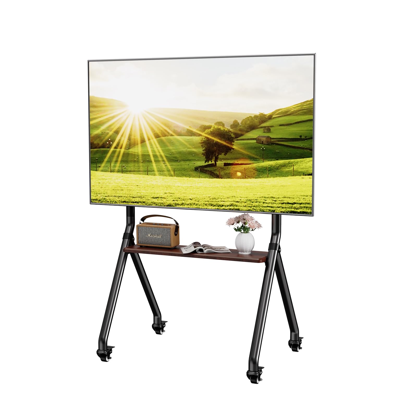 Adjustable Mobile TV Stand for 32-80 Inch Screens - Heavy Duty Rolling TV Cart with Wheels, Wooden Media Shelf & Max VESA 600x500mm - Supports Up to 110lbs (Black) - Perfect for Living Rooms, Bedrooms & Home Theaters