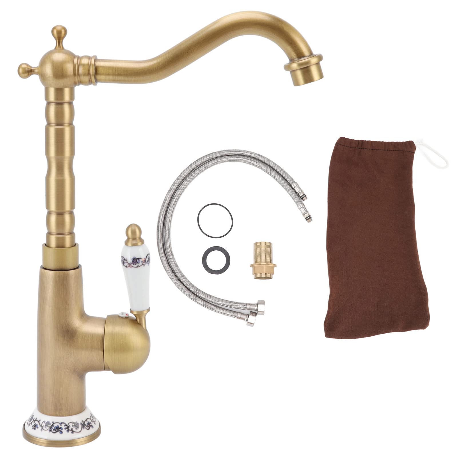 Antique Brass Kitchen Faucet - Solid Copper Vintage Gold European Style 360° Swivel Spout with Hot & Cold Water Mixer for Farmhouse Sink - Perfect for Rustic, Victorian, or Retro Kitchen & Bathroom Decor