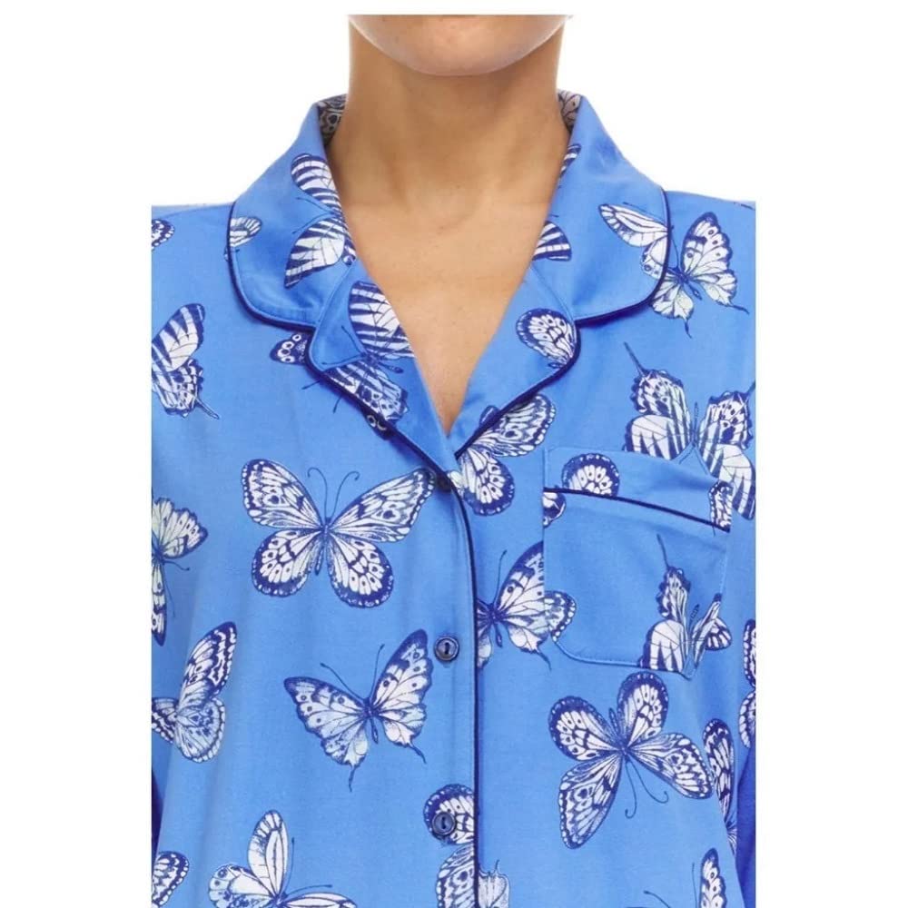 Victoria Charmeuse Pajama Set for Women - Soft & Luxurious Sleepwear, XL Size, Elegant Blue Butterfly Print - Perfect for Relaxing at Home, Spa Nights & Gift Giving