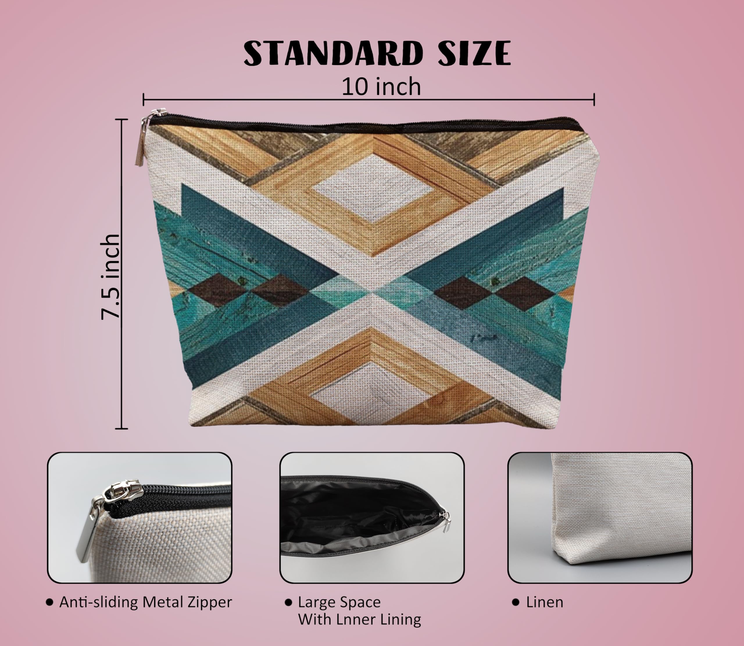 Aztec Makeup Bag for Women - Southwestern Navajo Cosmetic Pouch with Geometric Wood Art Design, Western Style Travel Organizer | Perfect for Purse, Gym & Vacation Accessories
