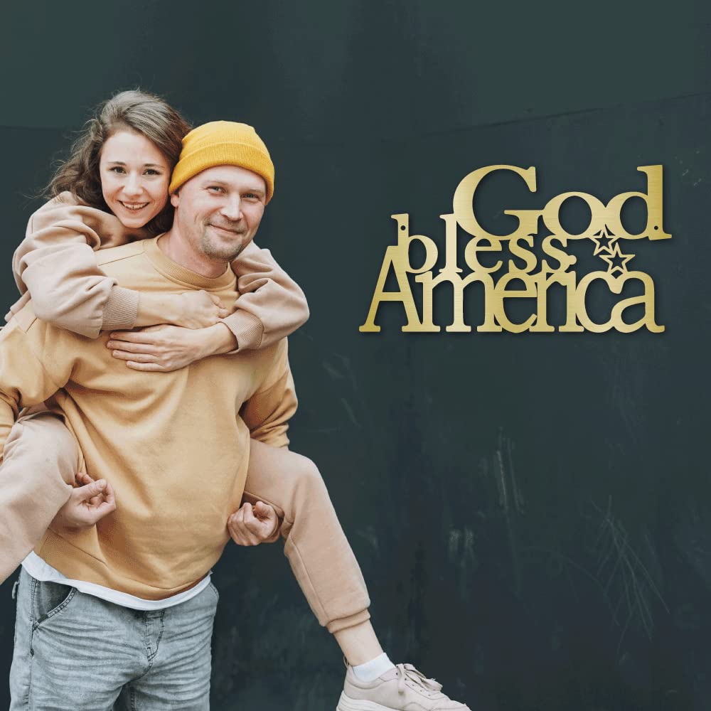 God Bless America Steel Wall Sign - Indoor/Outdoor Metal Art in Gold Finish - 18 Inch Patriotic Home Decor for Living Room, Porch & Garden