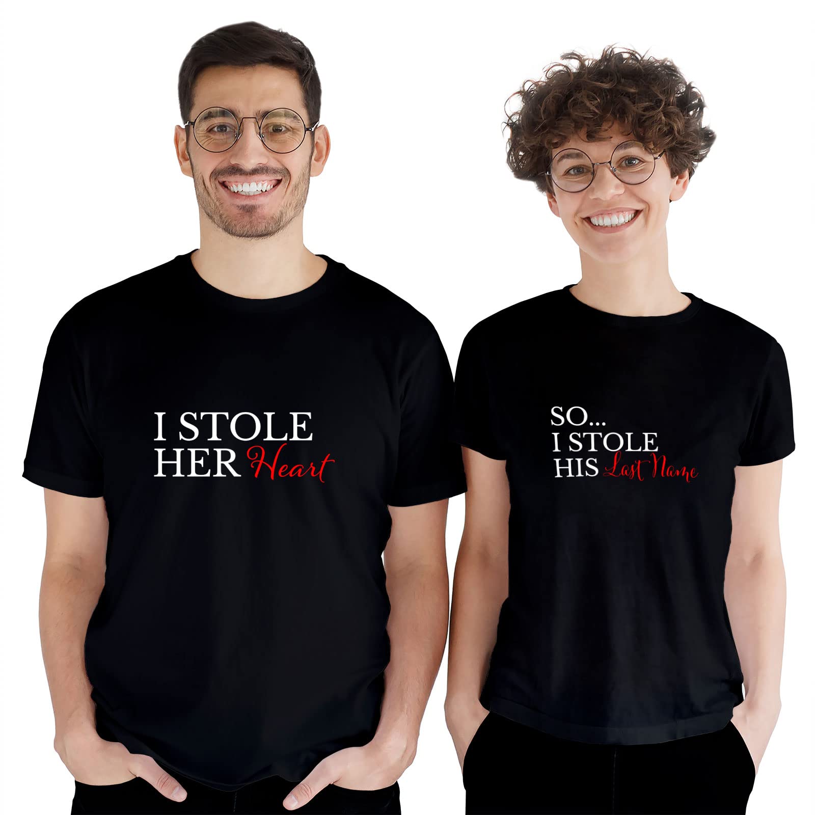 GotPrint Matching Couple T-Shirts - Funny Wedding Gifts for Newlyweds - 'I Stole Her Heart So I Stole His Last Name' Printed Shirts - Perfect for Anniversaries, Honeymoons & Romantic Getaways