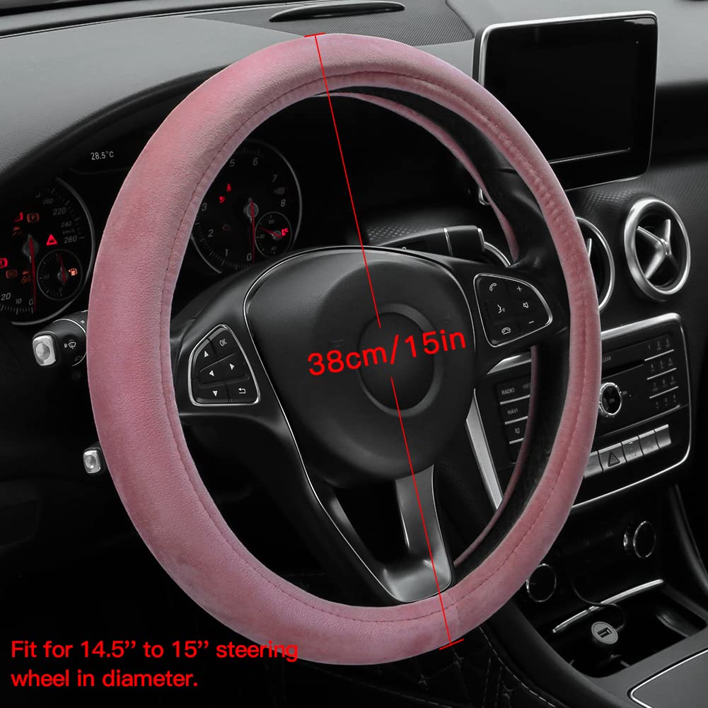 OTOSTAR Soft Velvet Steering Wheel Cover - Universal 15 Inch Luxury Car Steering Wheel Protector | Non-Slip, Comfort Grip | Fits Most Vehicles | Perfect for Daily Commute & Road Trips (Pink)